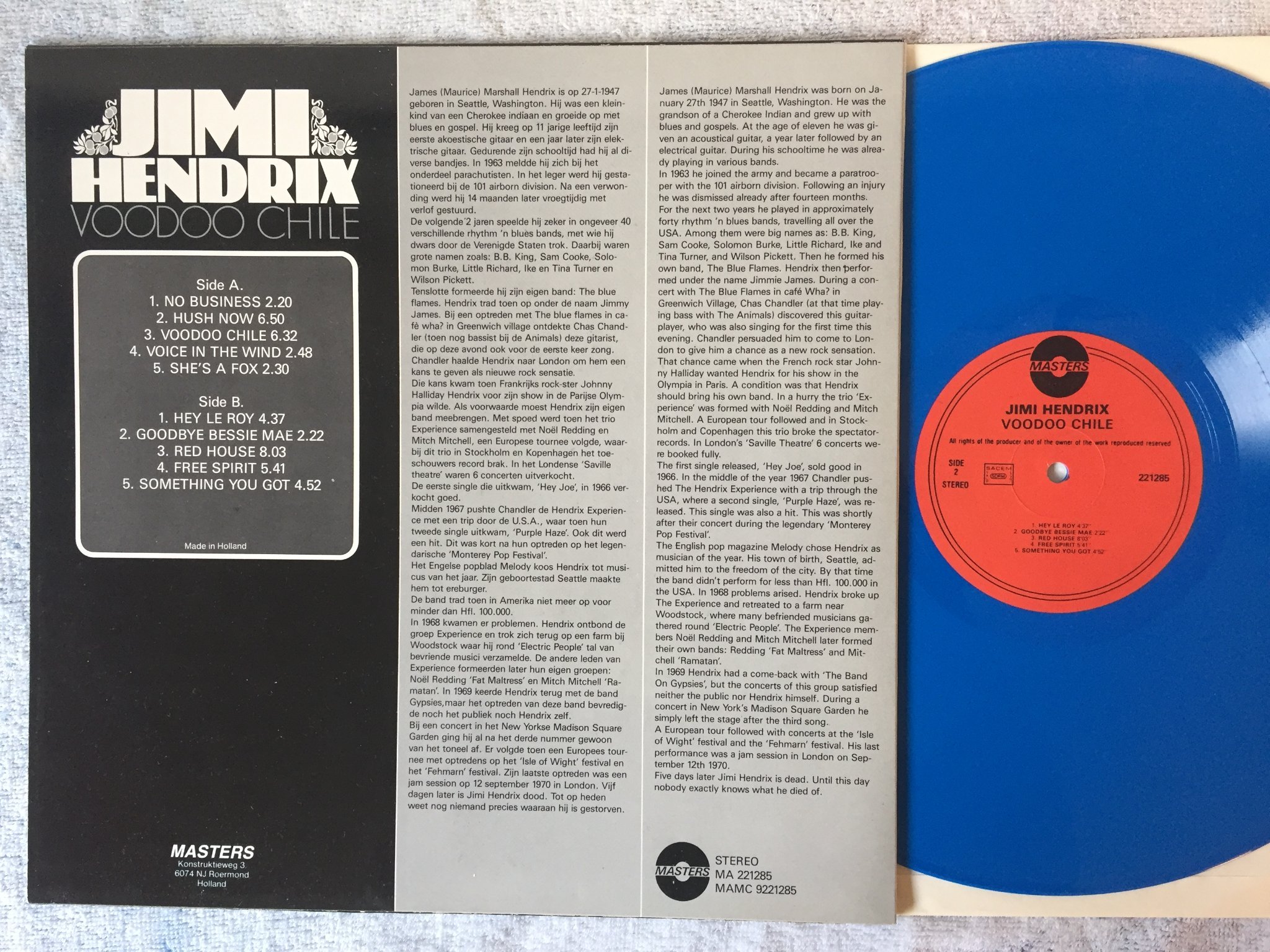 Omslagsbild för skivan JIMI HENDRIX voodoo chile LP MASTERS 221285 blue vinyl MEGA RARE!!!