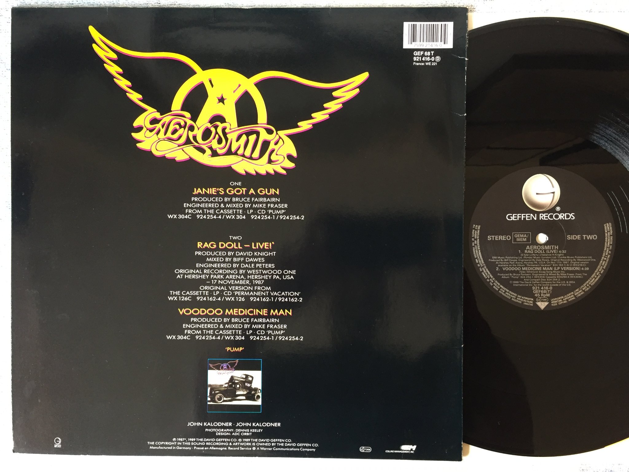 Omslagsbild för skivan AEROSMITH Janie's got a gun 12"single -89 GEFFEN 921 416-0