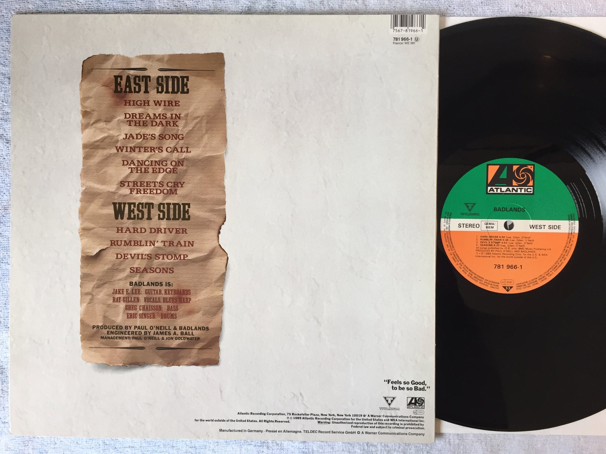 Omslagsbild för skivan BADLANDS s/t LP -89 Ger ATLANTIC 781 966-1