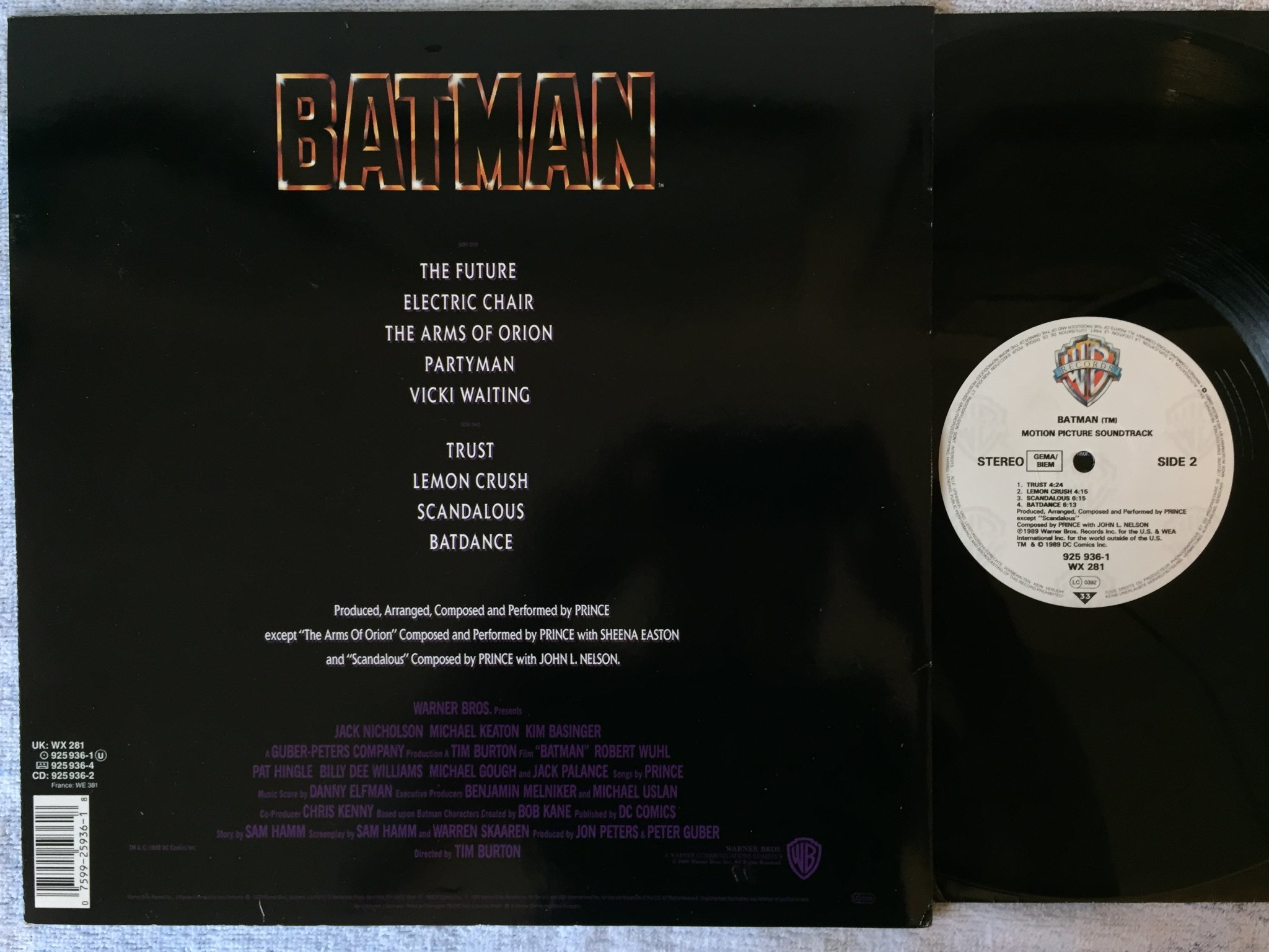 Omslagsbild för skivan PRINCE batman LP -89 Ger WARNER BROS 925936-1 soundtrack