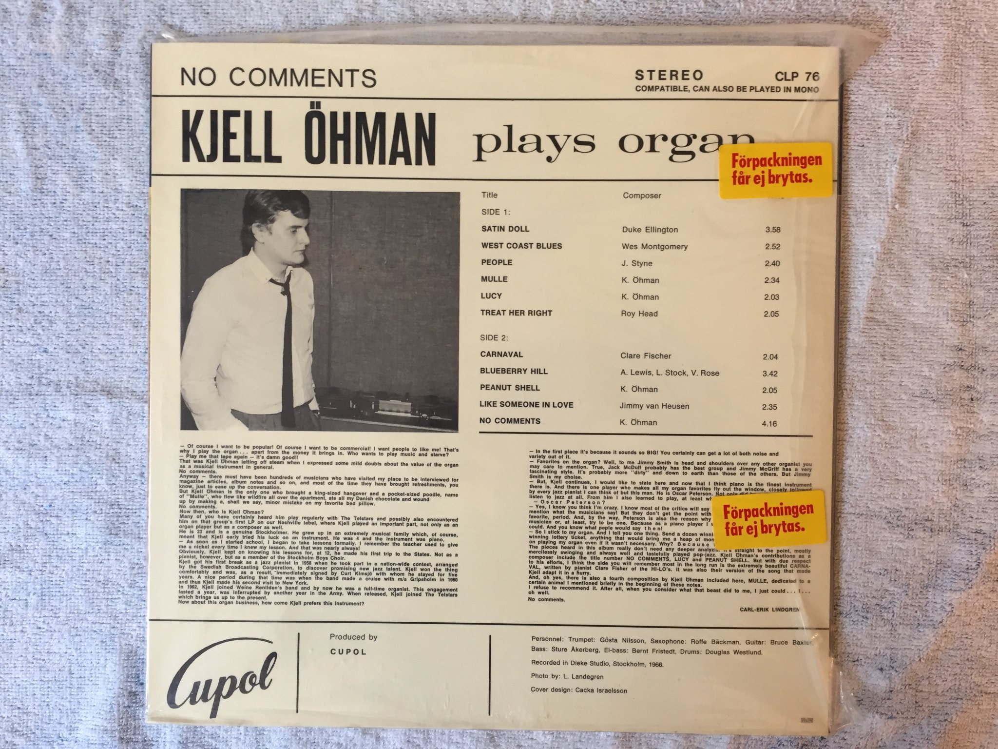 Omslagsbild för skivan KJELL ÖHMAN no comments LP Swe CUPOL CLP 76 still sealed the swedish way !!