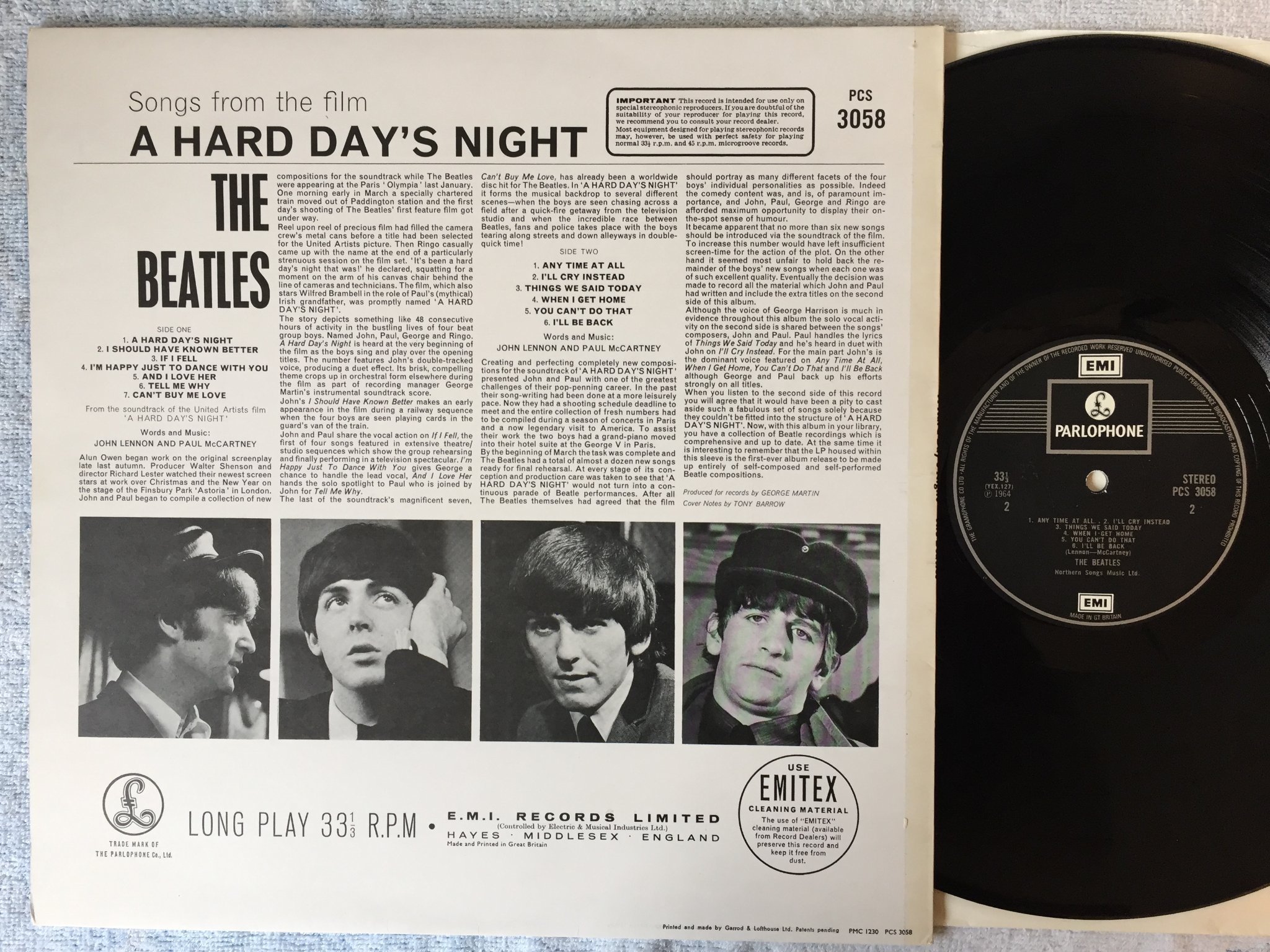 Omslagsbild för skivan THE BEATLES a hard day's night LP UK EMI / PARLOPHONE PCS 3058
