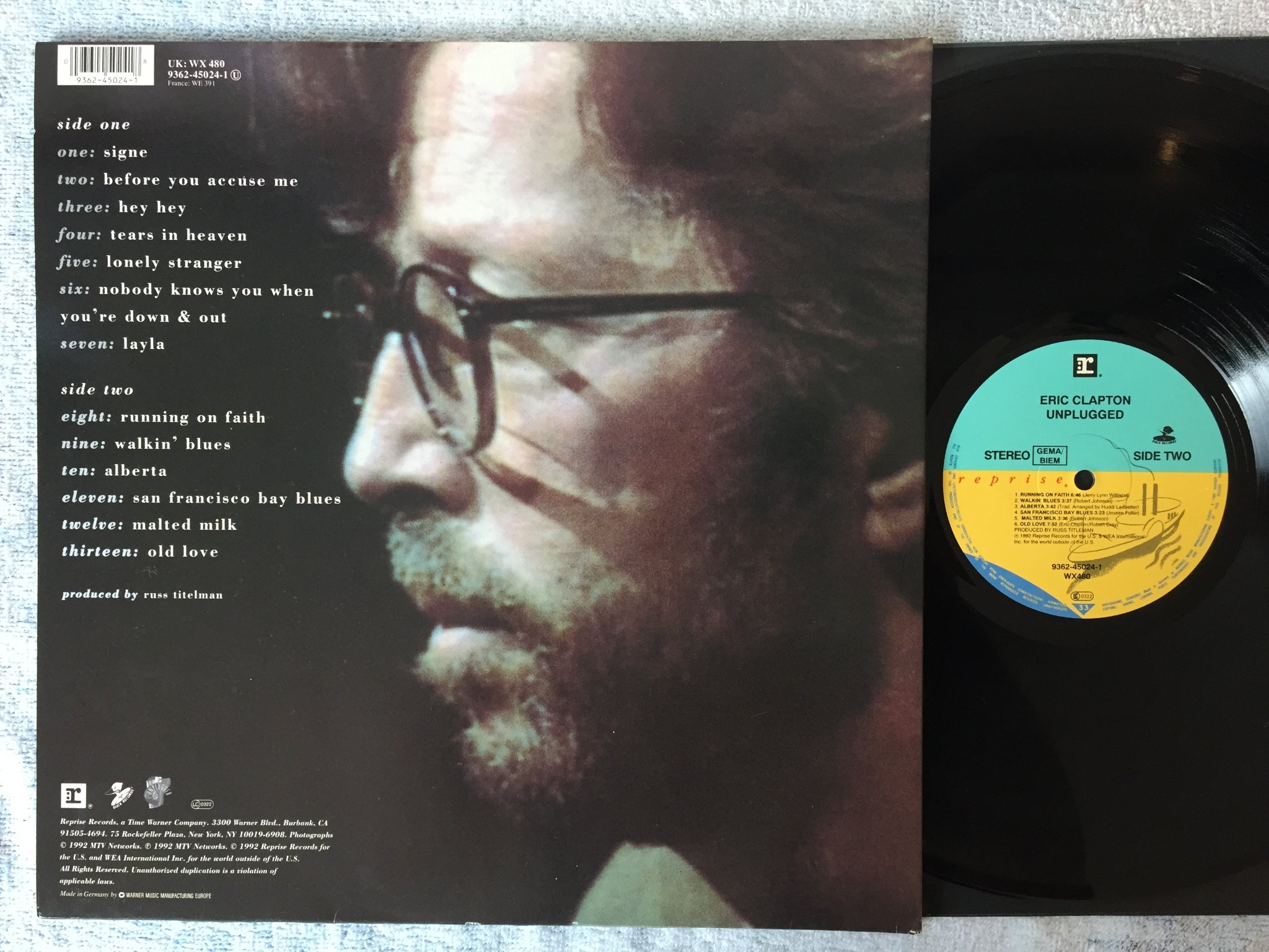Omslagsbild för skivan ERIC CLAPTON unplugged "Layla" LP -92 REPRISE 9362-45024-1