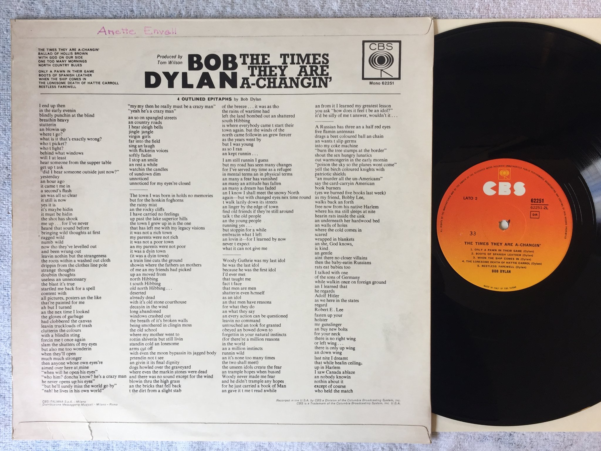 Omslagsbild för skivan BOB DYLAN the times they are changin' LP Italy CBS 62251