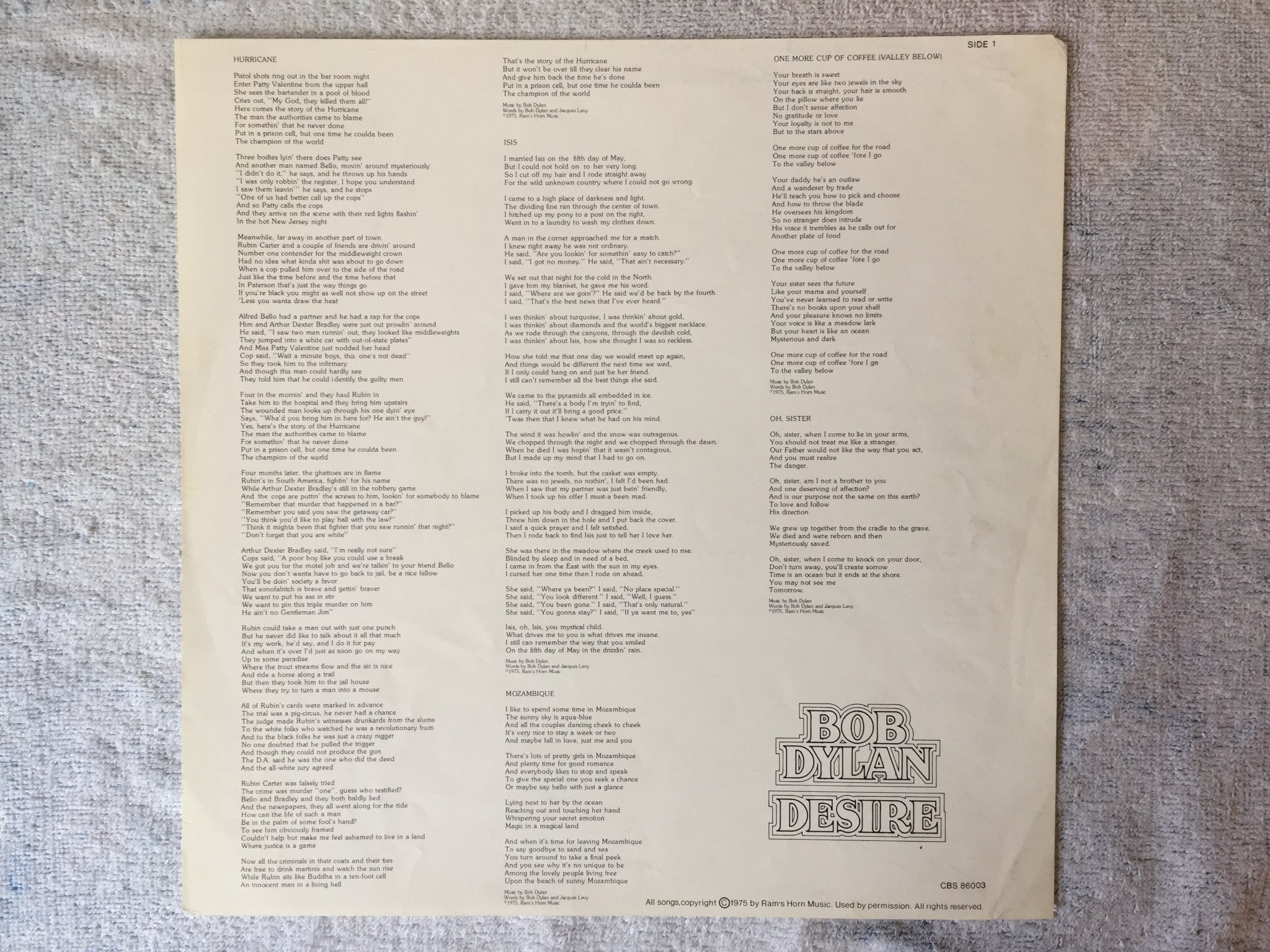 Omslagsbild för skivan BOB DYLAN desire LP -75 Hol CBS 86003 "one more cup of coffee"