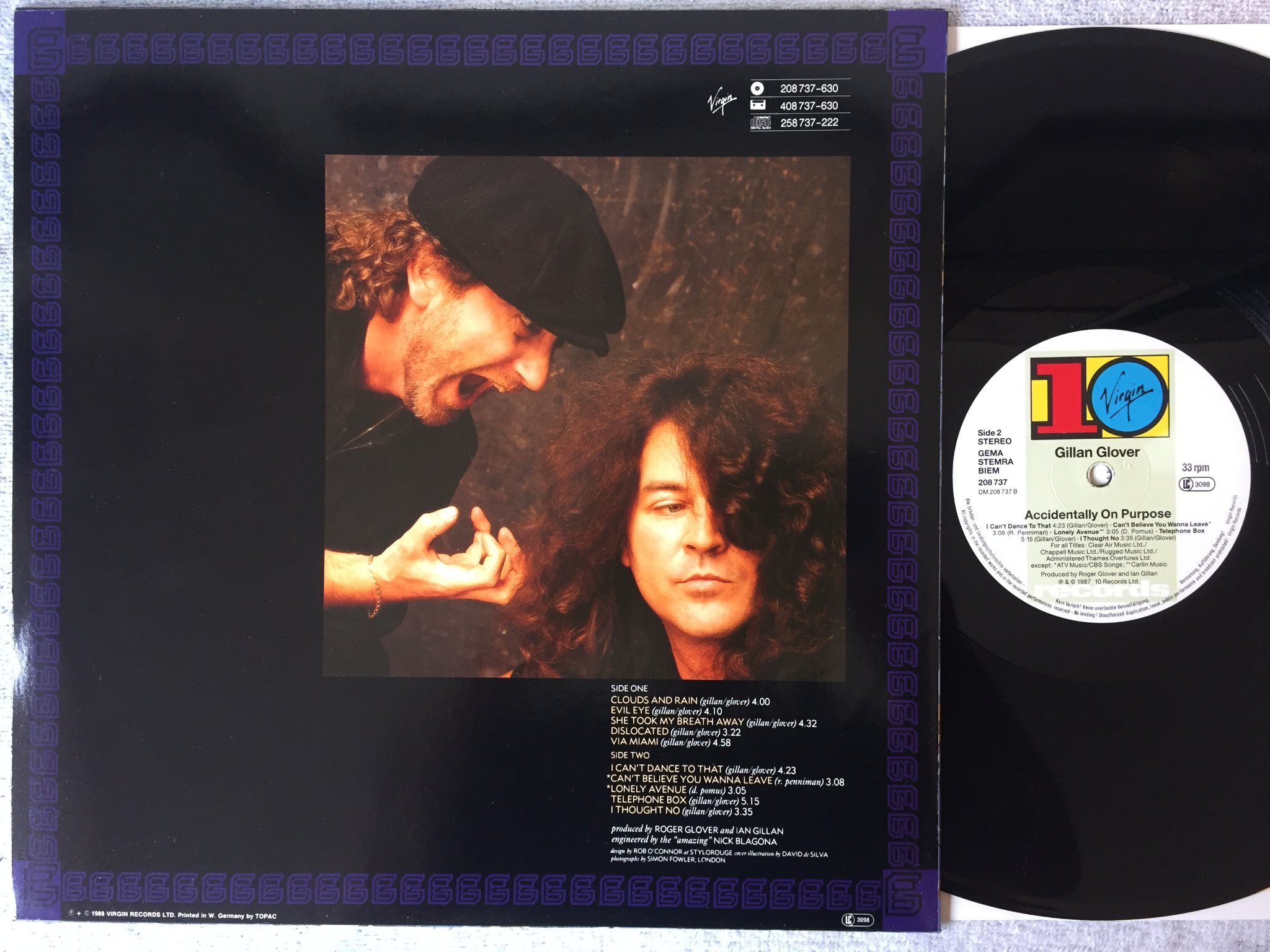 Omslagsbild för skivan GILLAN GLOVER accidentally on purpose LP -87 Ger 10/VIRGIN 208 737