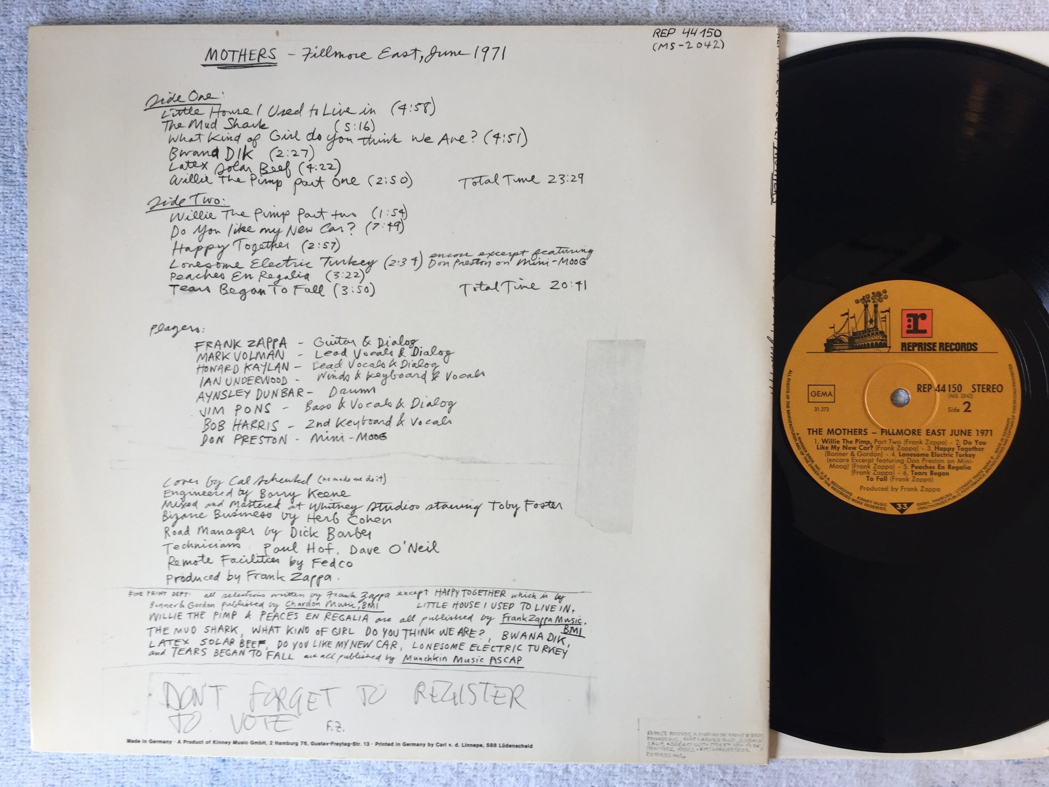 Omslagsbild för skivan THE MOTHERS fillmore east June 1971 LP Ger REPRISE REP 44150