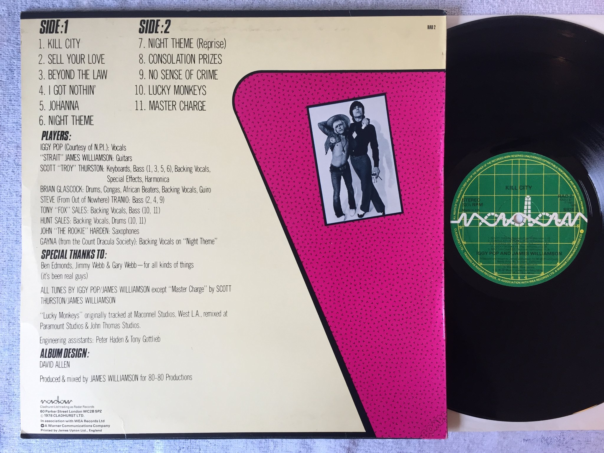 Omslagsbild för skivan IGGY POP & JAMES WILLIAMSON kill city LP -77 UK RADAR RAD 2