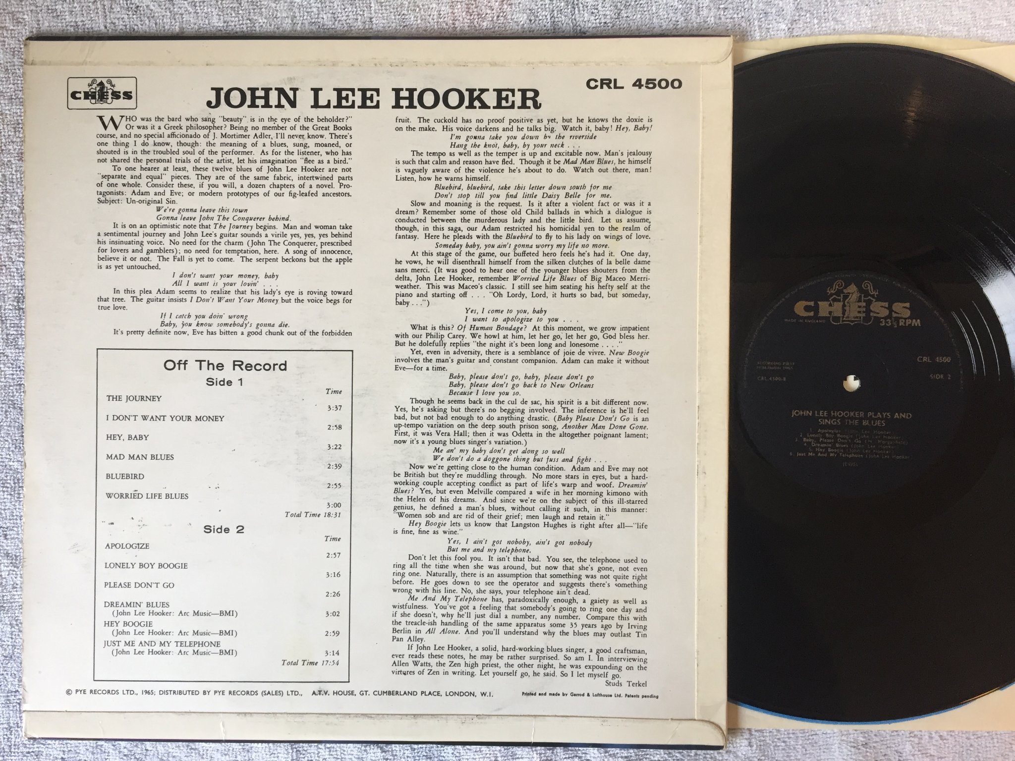 Omslagsbild för skivan JOHN LEE HOOKER Plays & Sings The Blues LP -65 UK chess CRL 4500 RARE!!