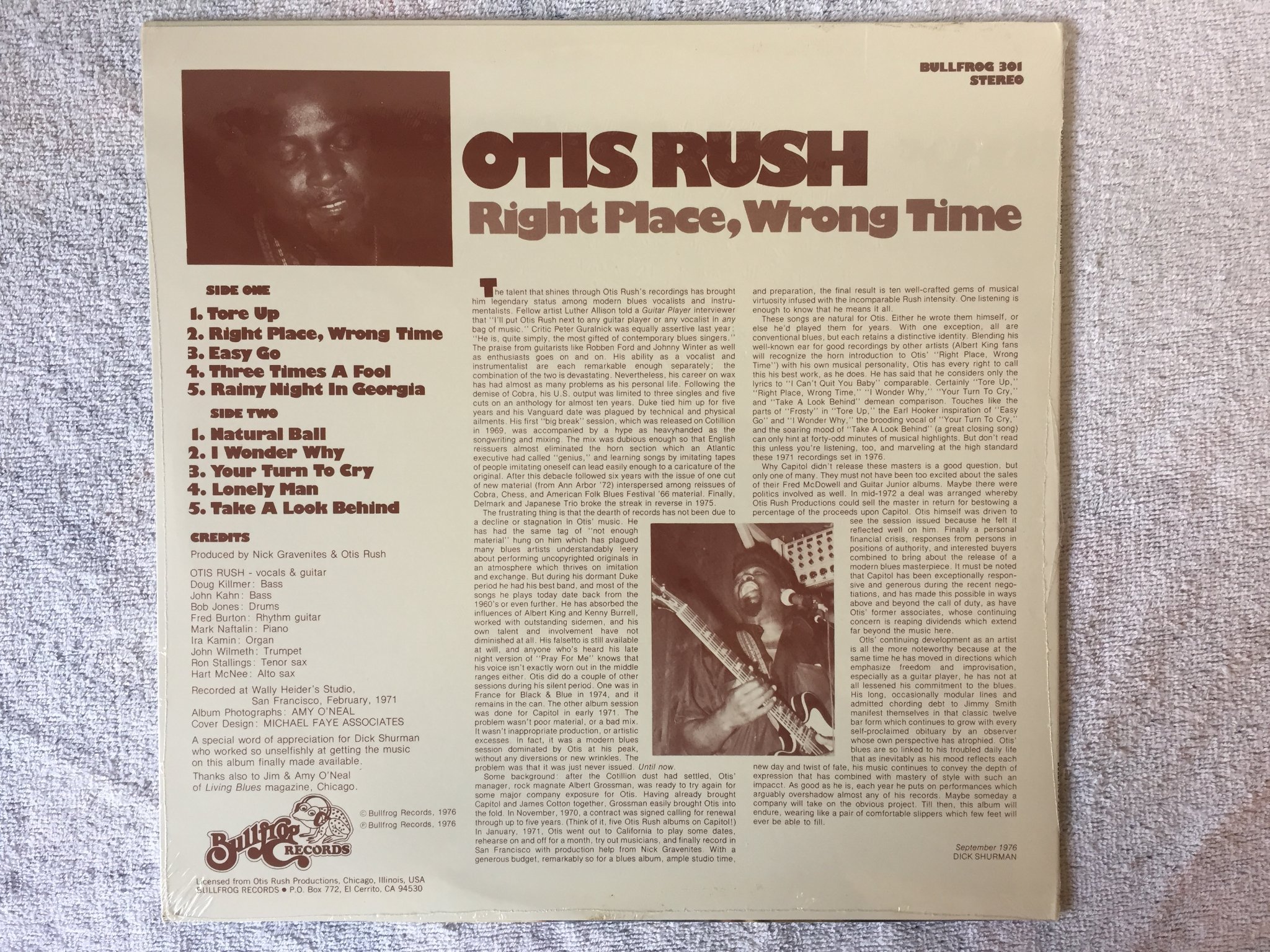 Omslagsbild för skivan OTIS RUSH right place, wrong time LP -76 US BULLFROG 301 still sealed