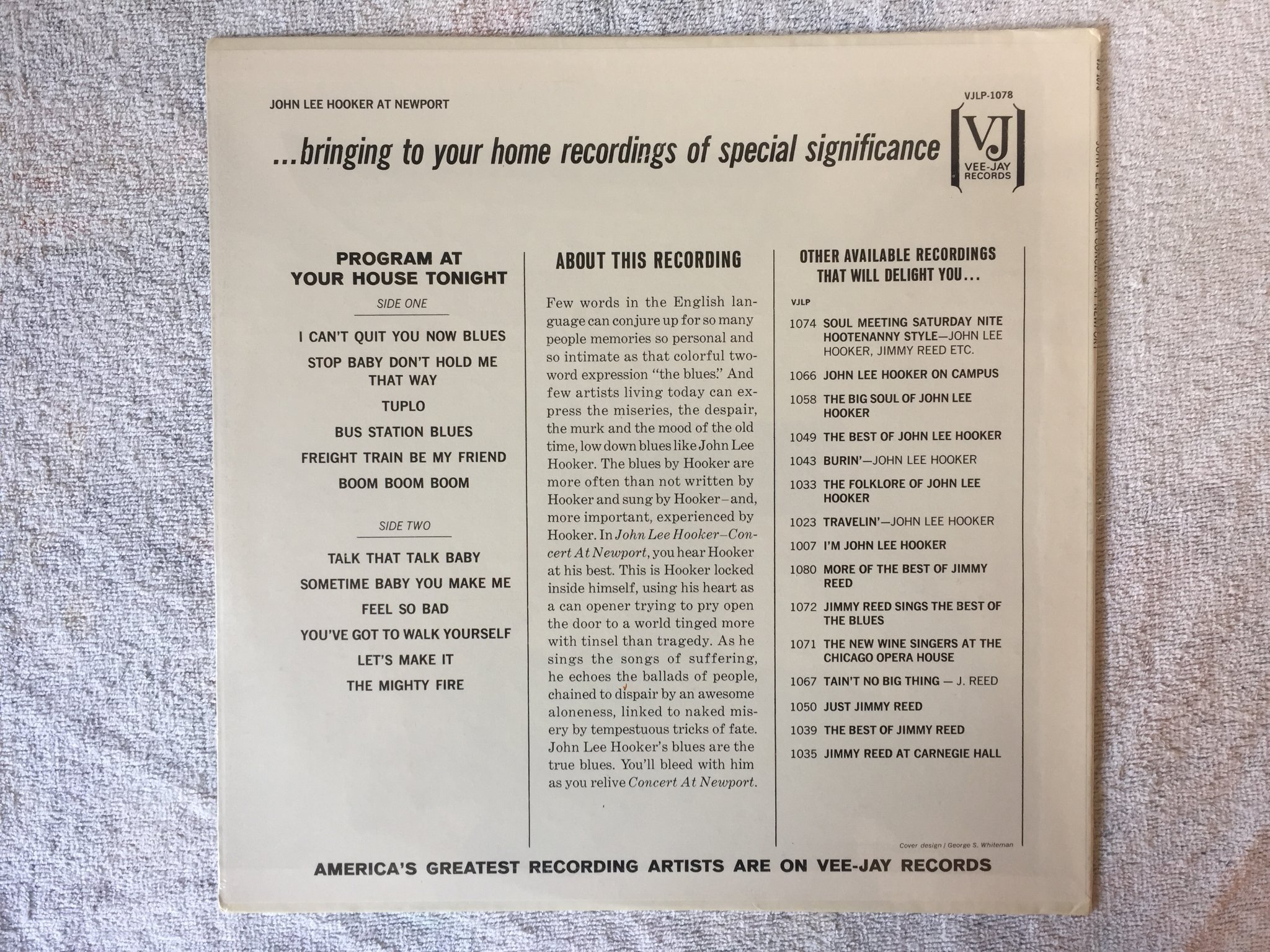 Omslagsbild för skivan JOHN LEE HOOKER concert at Newport LP US VEE JAY VJLP 1078 Still sealed