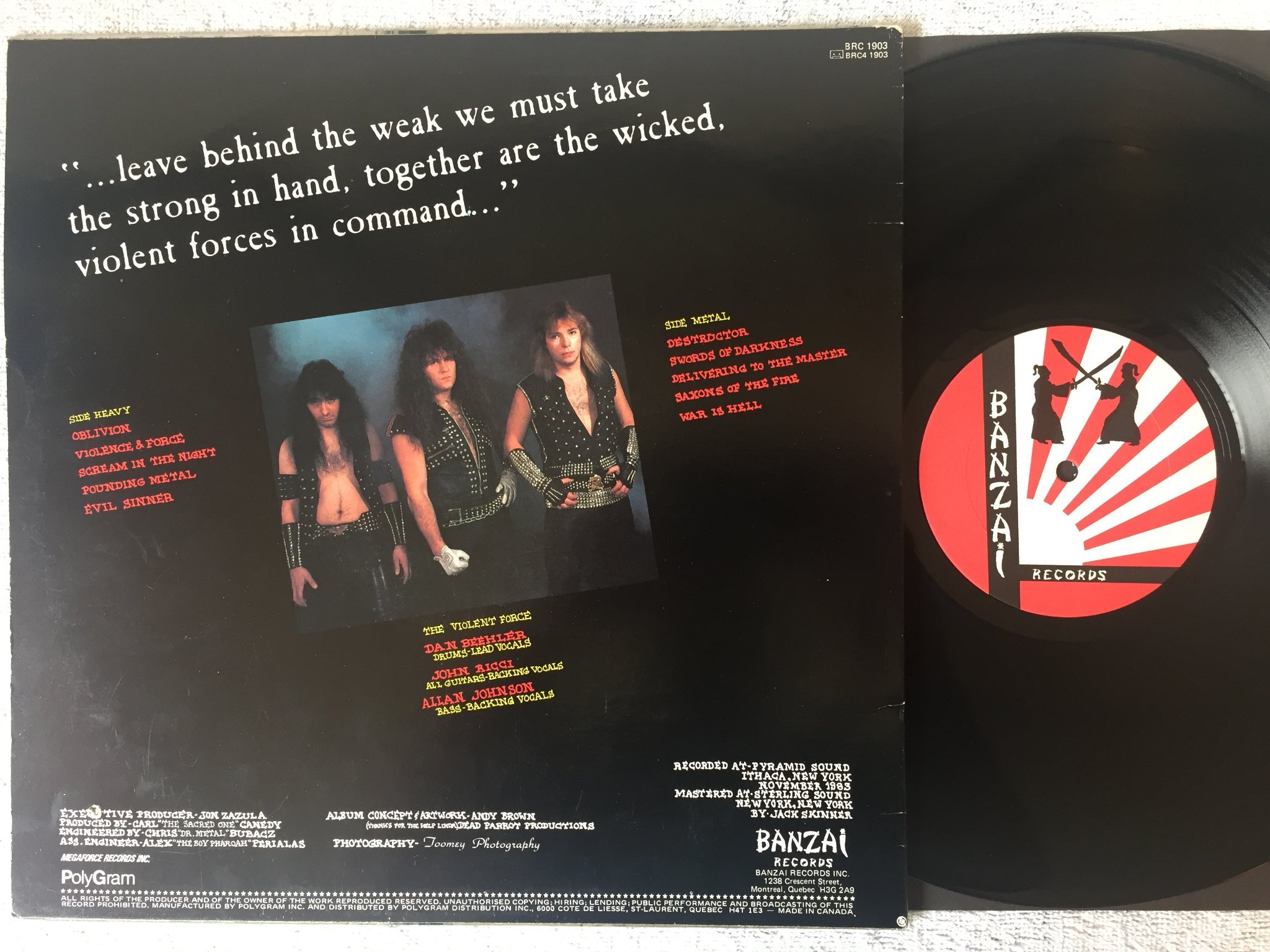 Omslagsbild för skivan EXCITER violence and force LP -84 Canada MEGAFORCE BRC 1903