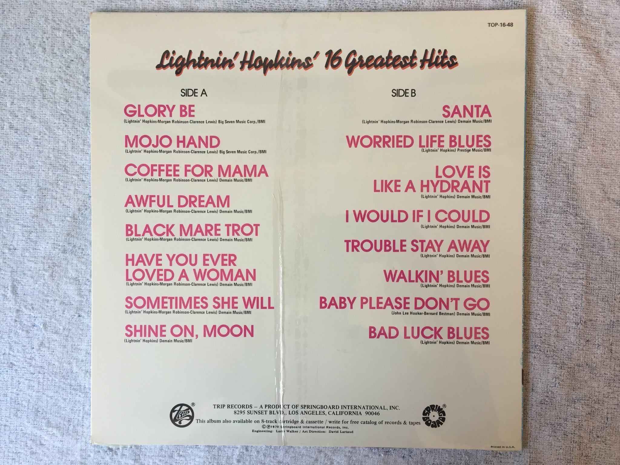 Omslagsbild för skivan LIGHTNIN' HOPKINS 16 greatest hits LP TRIP TOP 16-48 blues still sealed