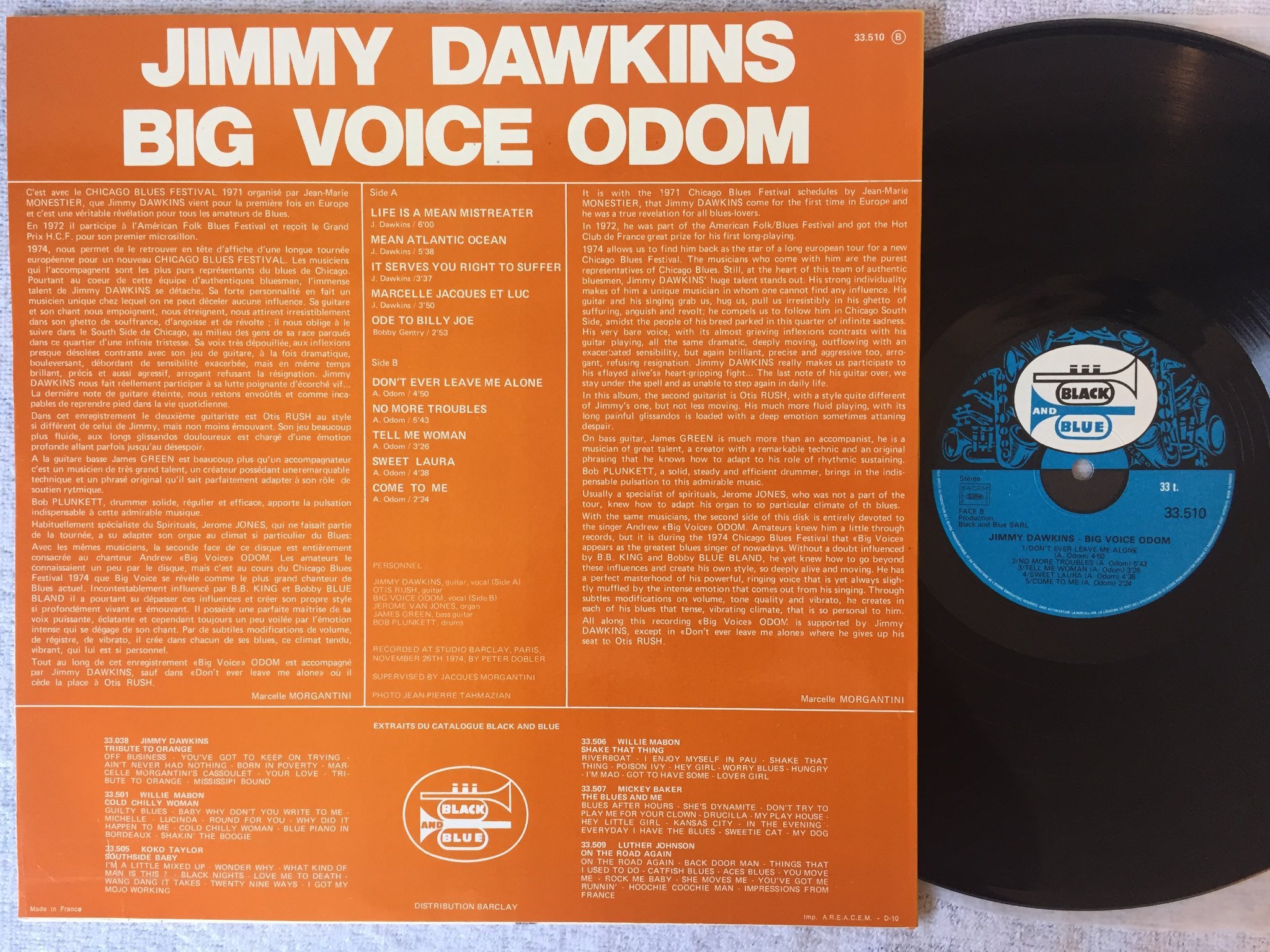 Omslagsbild för skivan JIMMY DAWKINS big voice odom LP Fra BLACK & BLUE 33510