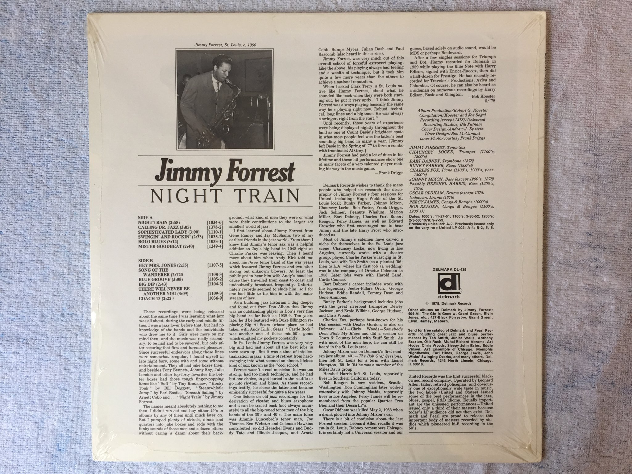 Omslagsbild för skivan ?JIMMY FORREST night train LP -78 US DELMARK DL-435 Still sealed