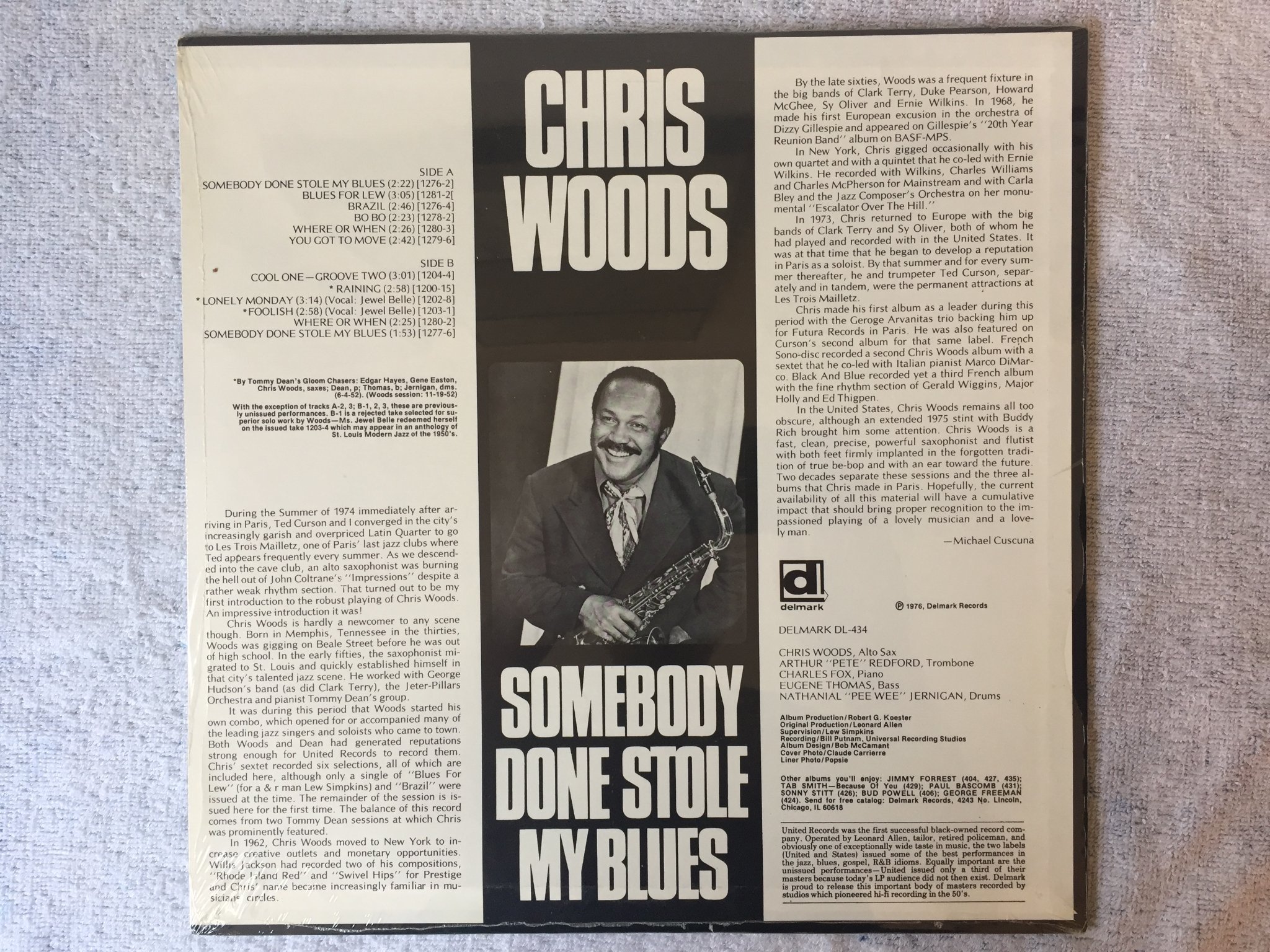 Omslagsbild för skivan CHRIS WOODS somebody done stole my blues LP -76 US DELMARK DL-434 Still sealed
