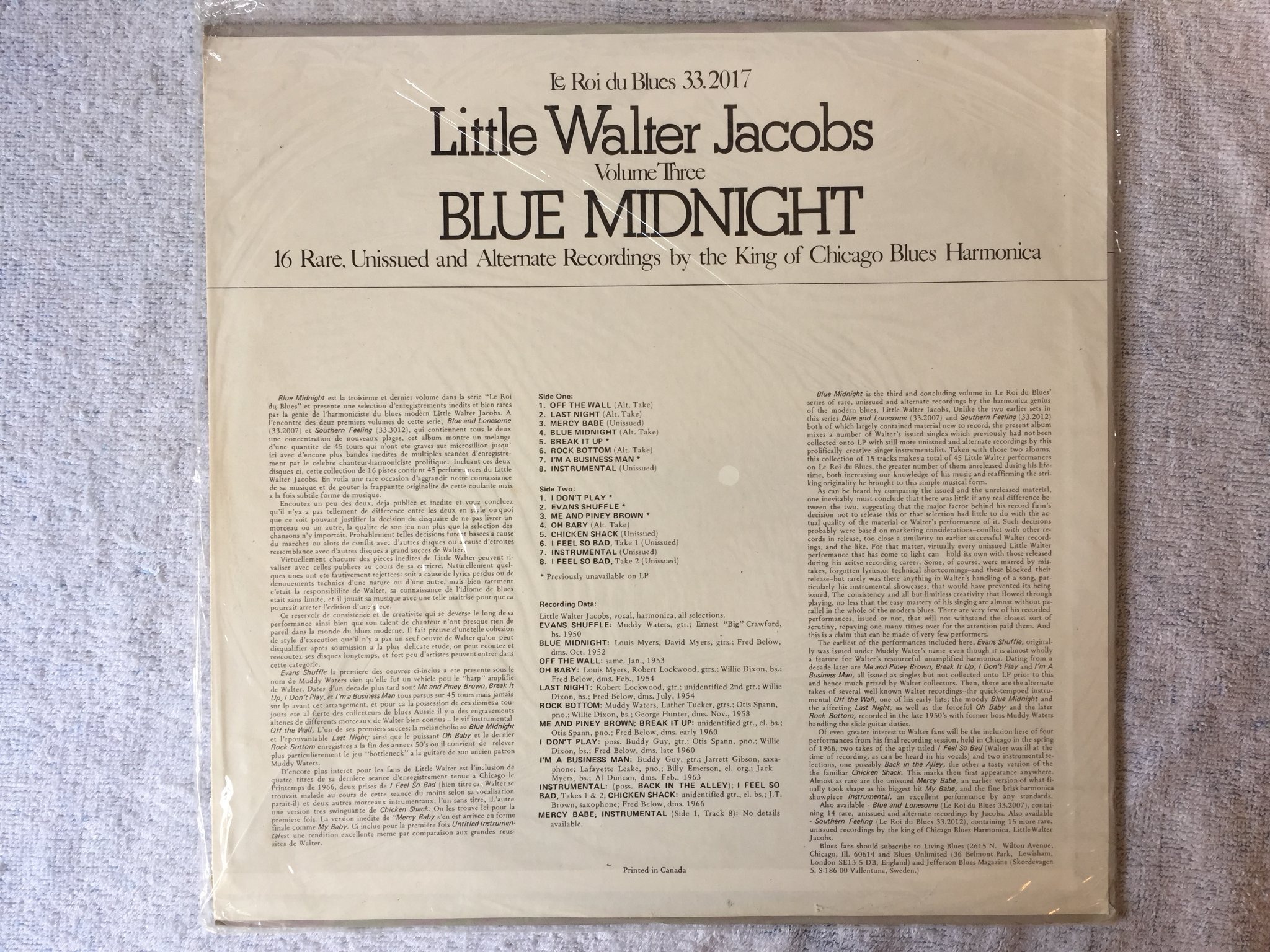 Omslagsbild för skivan LITTLE WALTER JACOBS Blue Midnight LP -78 LE ROI DU BLUES 33.2017