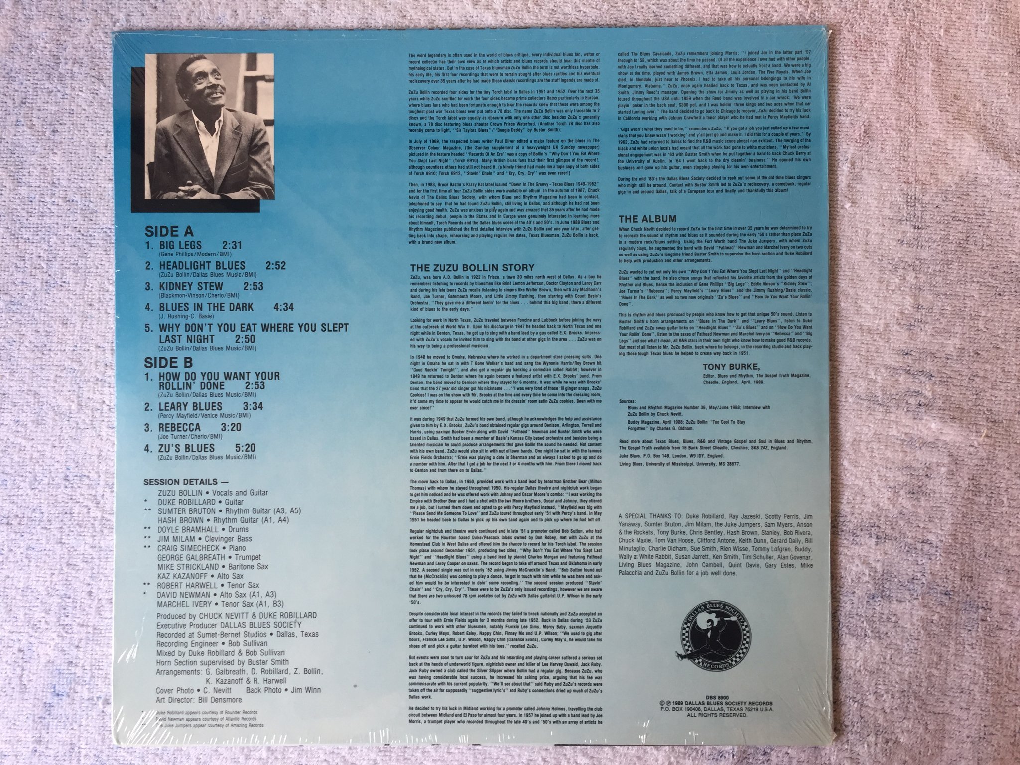 Omslagsbild för skivan ZUZU BOLLIN Texas bluesman LP US DALLAS BLUES SOCIETY DBS 8900 Sealed