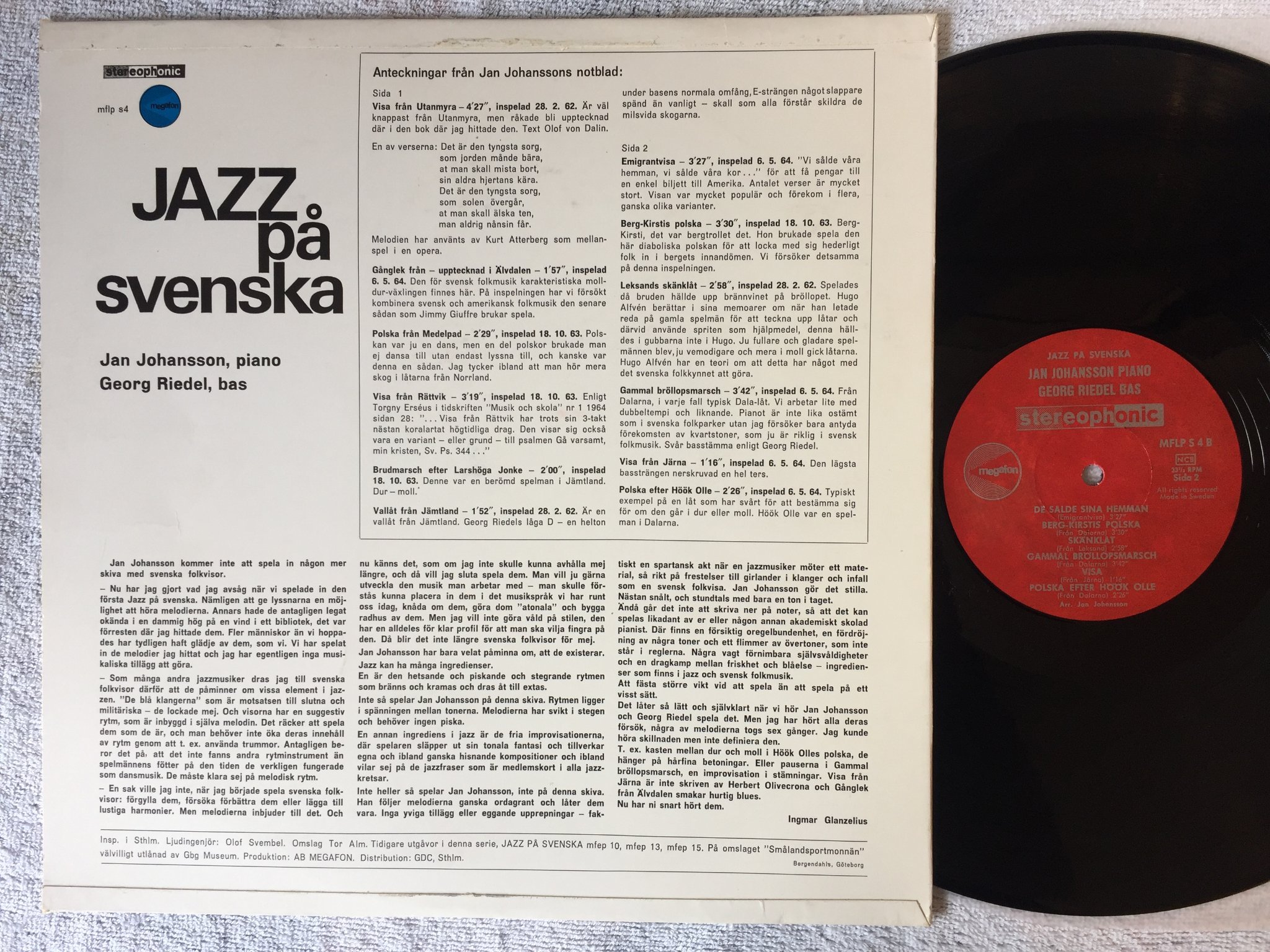 Omslagsbild för skivan JAN JOHANSSON jazz på svenska LP Swe MEGAFON MFLP S 4 