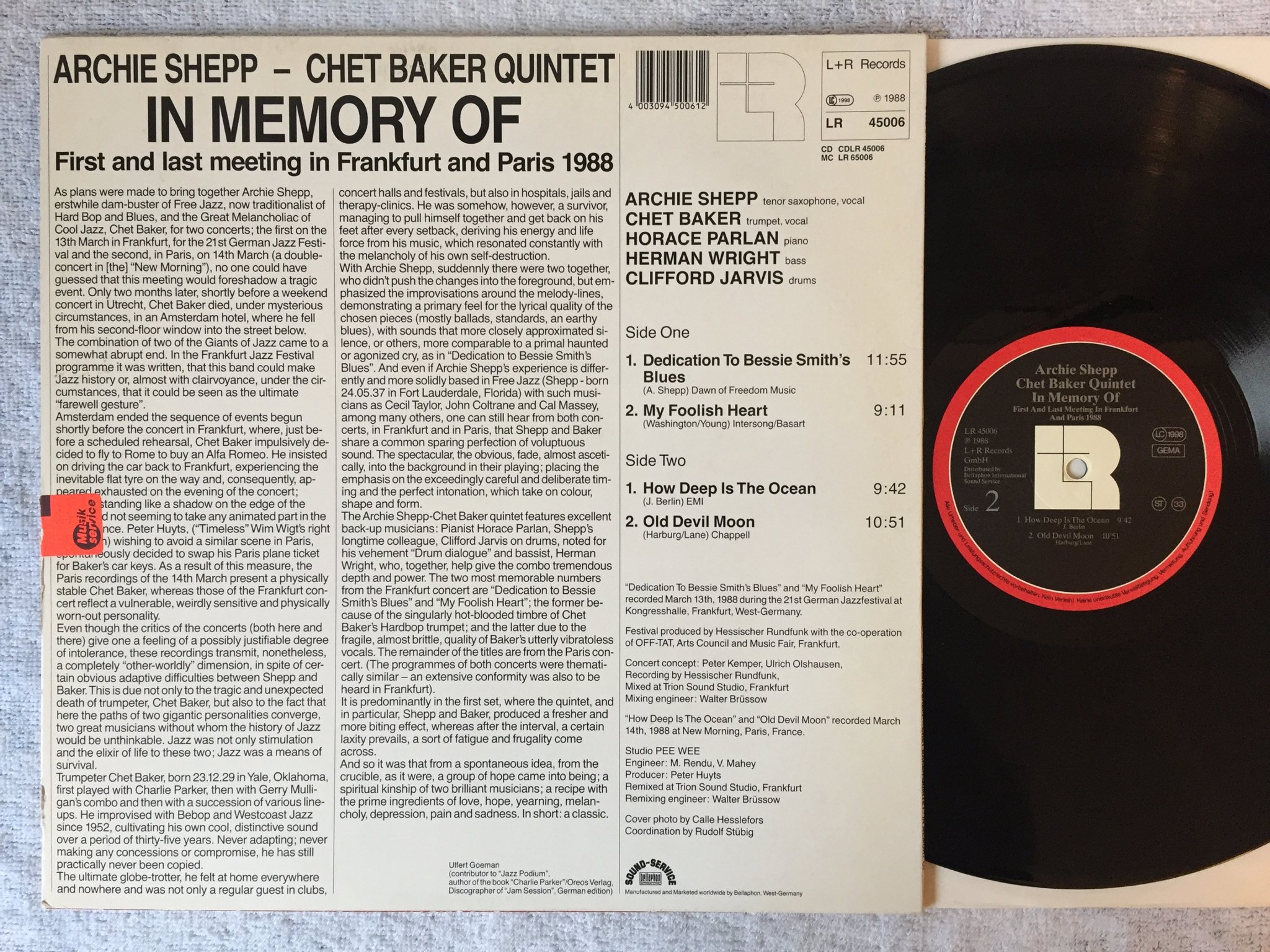 Omslagsbild för skivan ARCHIE SHEPP - CHET BAKER in memory of LP -88 Ger LR 45006 