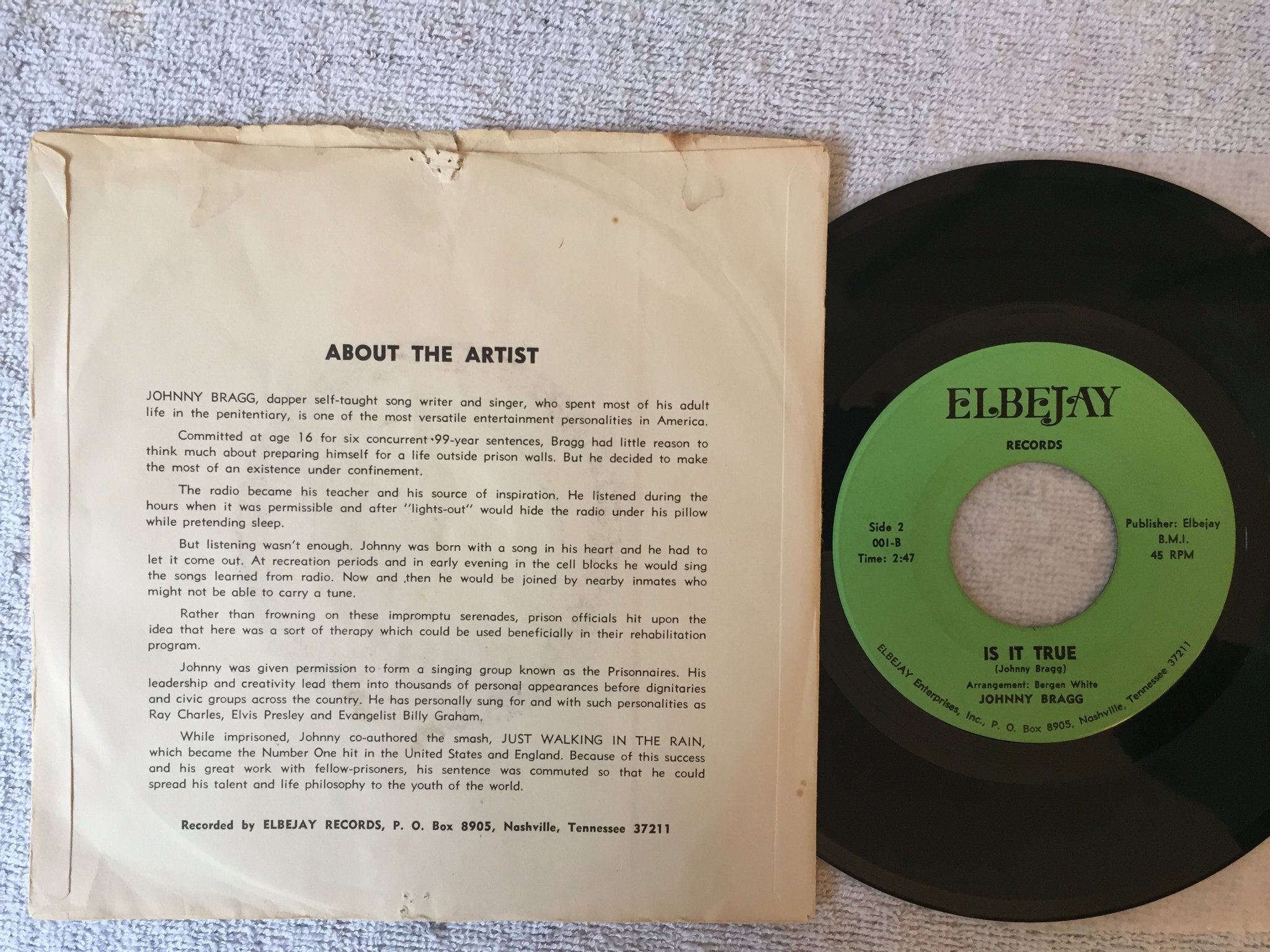 Omslagsbild för skivan JOHNNY BRAGG They're Talking About Me 7"single -67 US ELBEJAY 001 soul / R&B rar