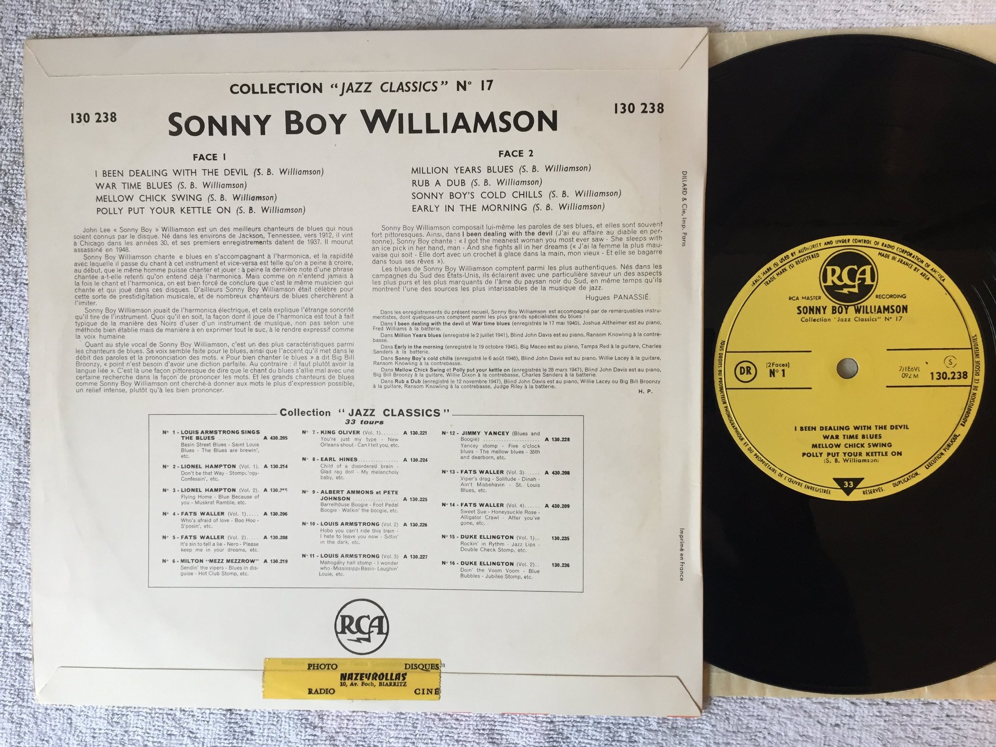 Omslagsbild för skivan SONNY BOY WILLIAMSON jazz classics no 17 10"LP -50s Fra RCA 130.238 blues