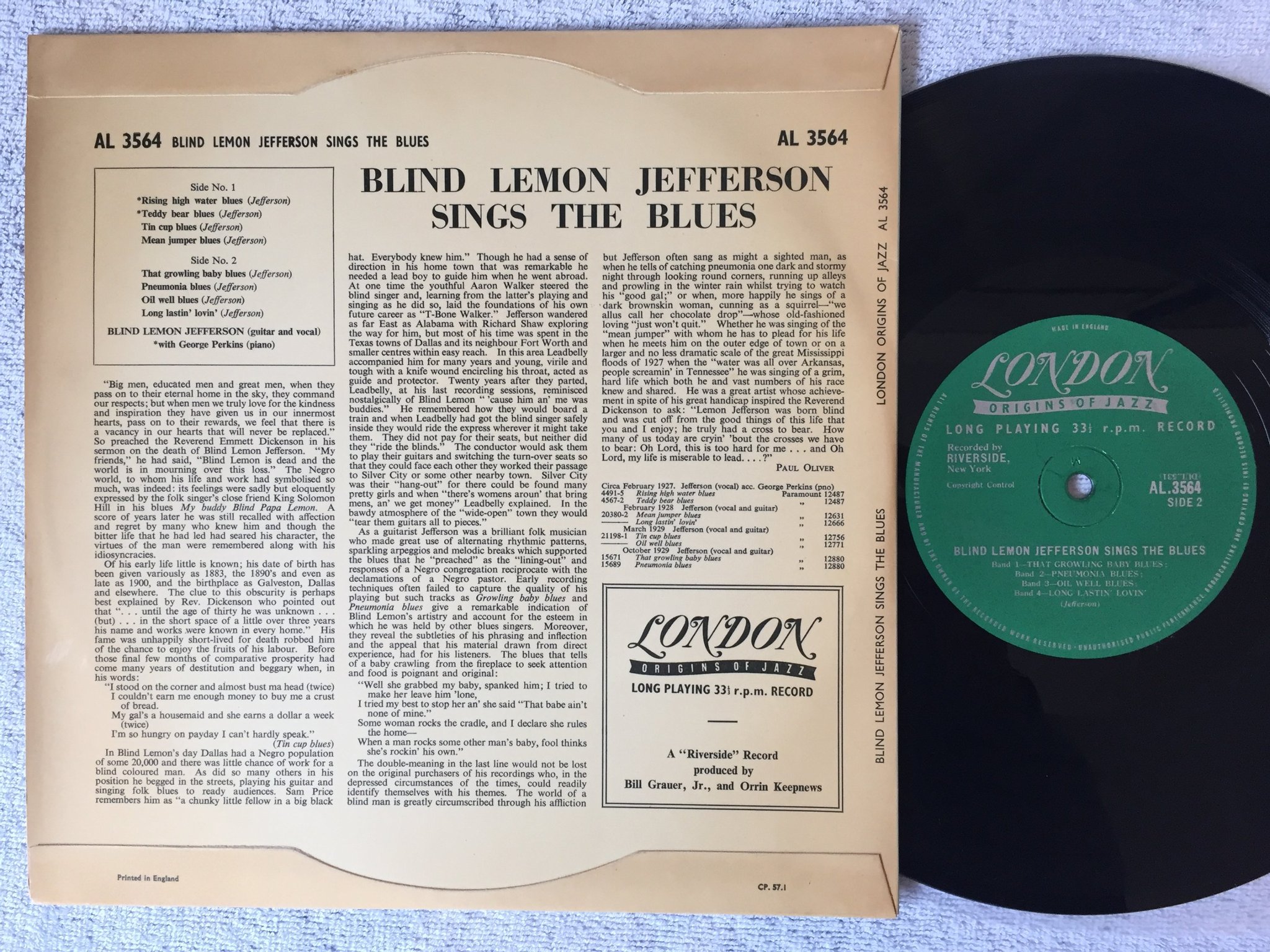 Omslagsbild för skivan BLIND LEMON JEFFERSON sings the blues 10"LP -57 UK LONDON AL 3564 rare blues  Re