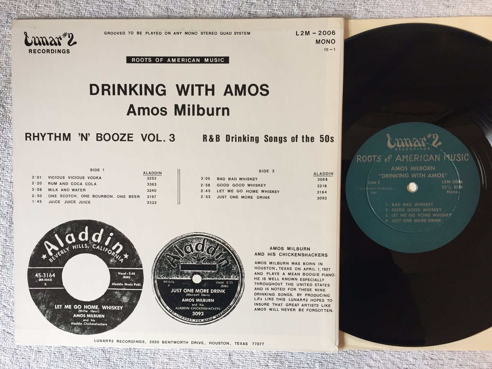 Omslagsbild för skivan AMOS MILBORN drinking with amos 10"LP -79 US LUNAR L2M-2006 Rhythm & Blues 