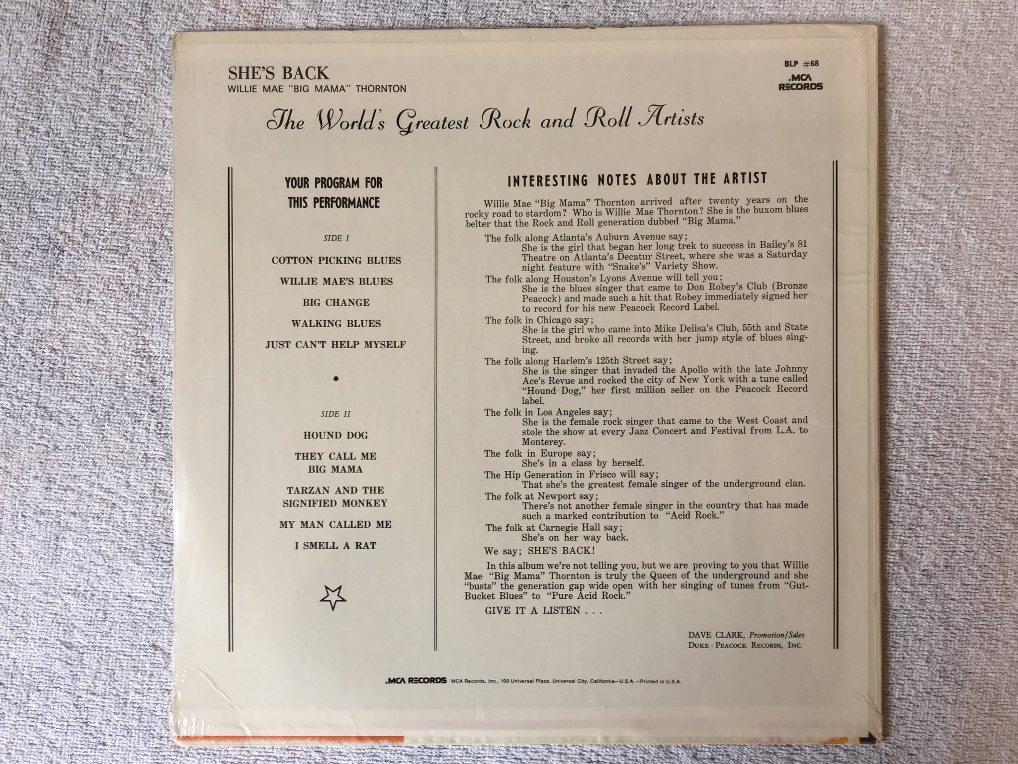 Omslagsbild för skivan WILLIE MAE "big mama" THORNTON she's back LP re US MCA BLP-68 Still sealed 