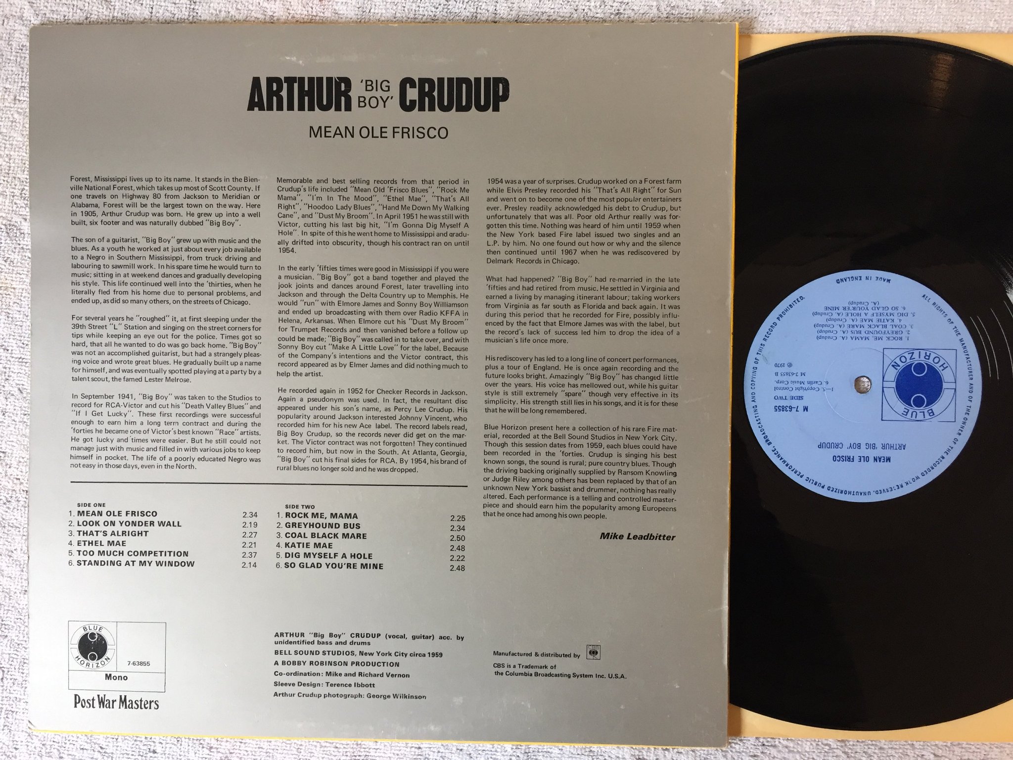 Omslagsbild för skivan ARTHUR "BIG BOY" CRUDUP mean ole frisco LP -70 UK BLUE HORIZON M 7-63855 blues