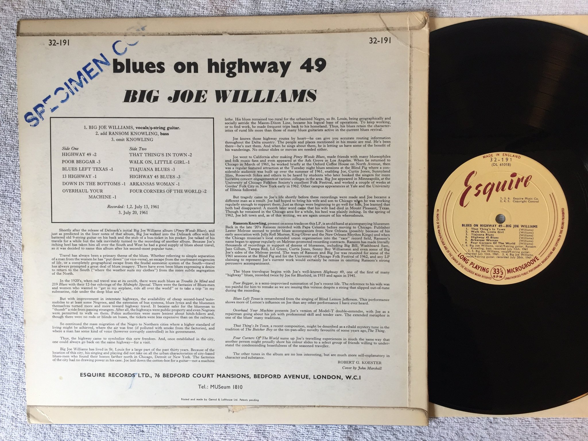 Omslagsbild för skivan BIG JOE WILLIAMS blues on highway 49 LP -63 UK ESQUIRE 32-191 mega rare ! ! ! 