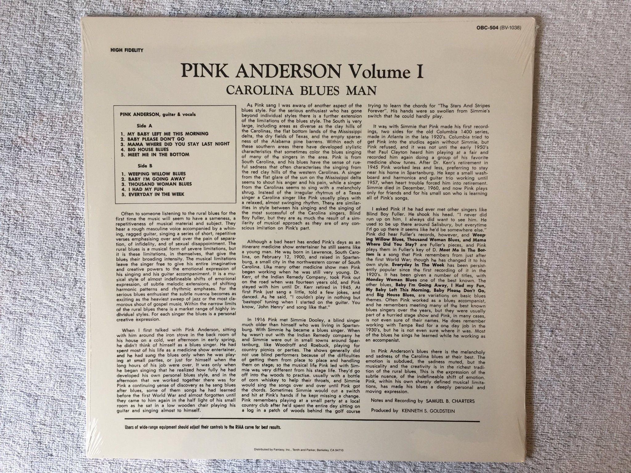 Omslagsbild för skivan PINK ANDERSON Vol 1: Carolina Blues Man LP -84 US OBC-504 Still sealed 