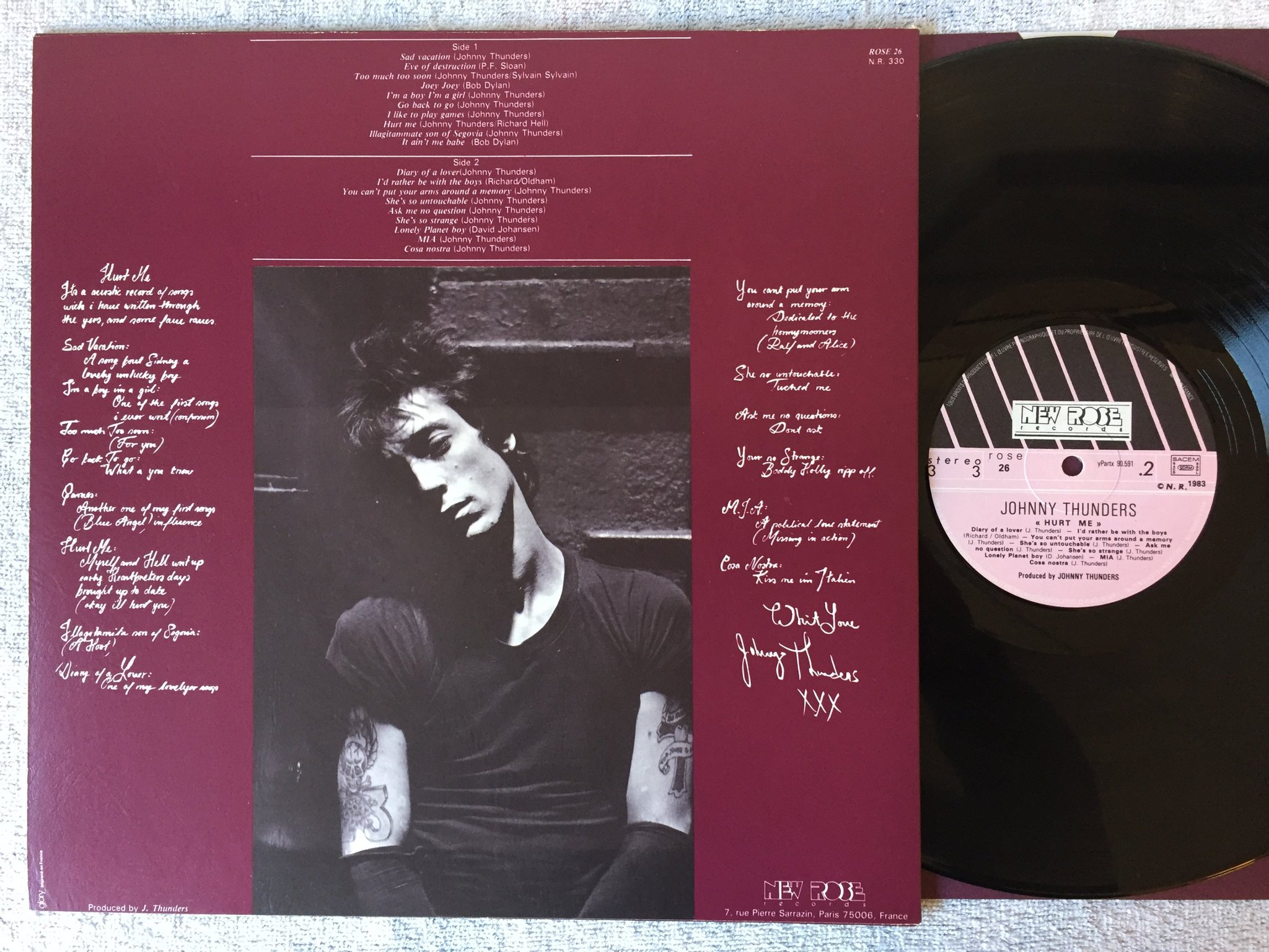Omslagsbild för skivan JOHNNY THUNDERS Hurt Me LP -83 Fra NEW ROSE ROSE 26