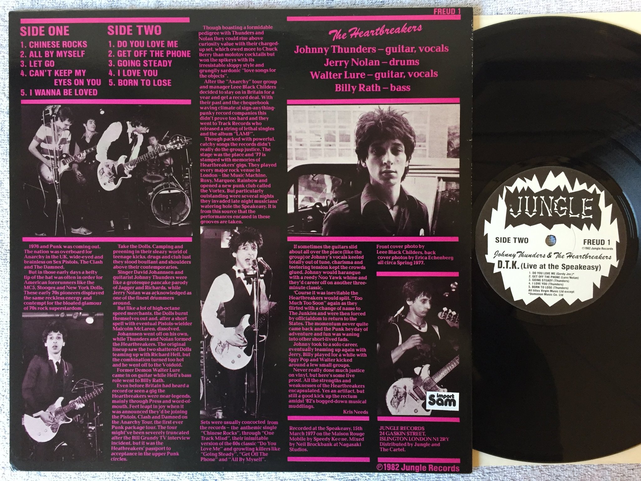 Omslagsbild för skivan JOHNNY THUNDERS & The Heartbreakers D.T.K. (Live At The Speakeasy) LP UK FREUD 1