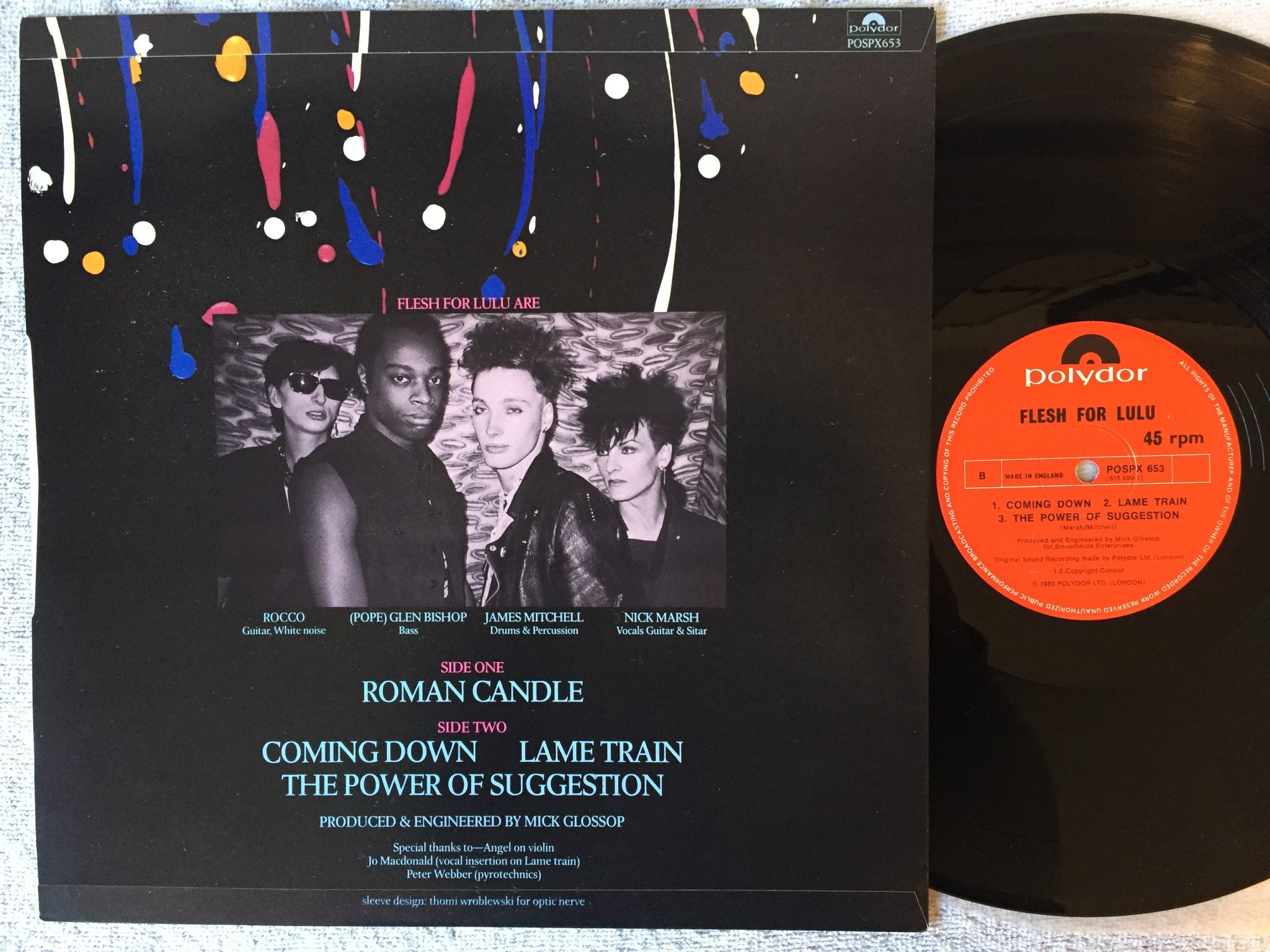 Omslagsbild för skivan FLESH FOR LULU Roman Candle EP 12" -83 UK POLYDOR POSPX 653