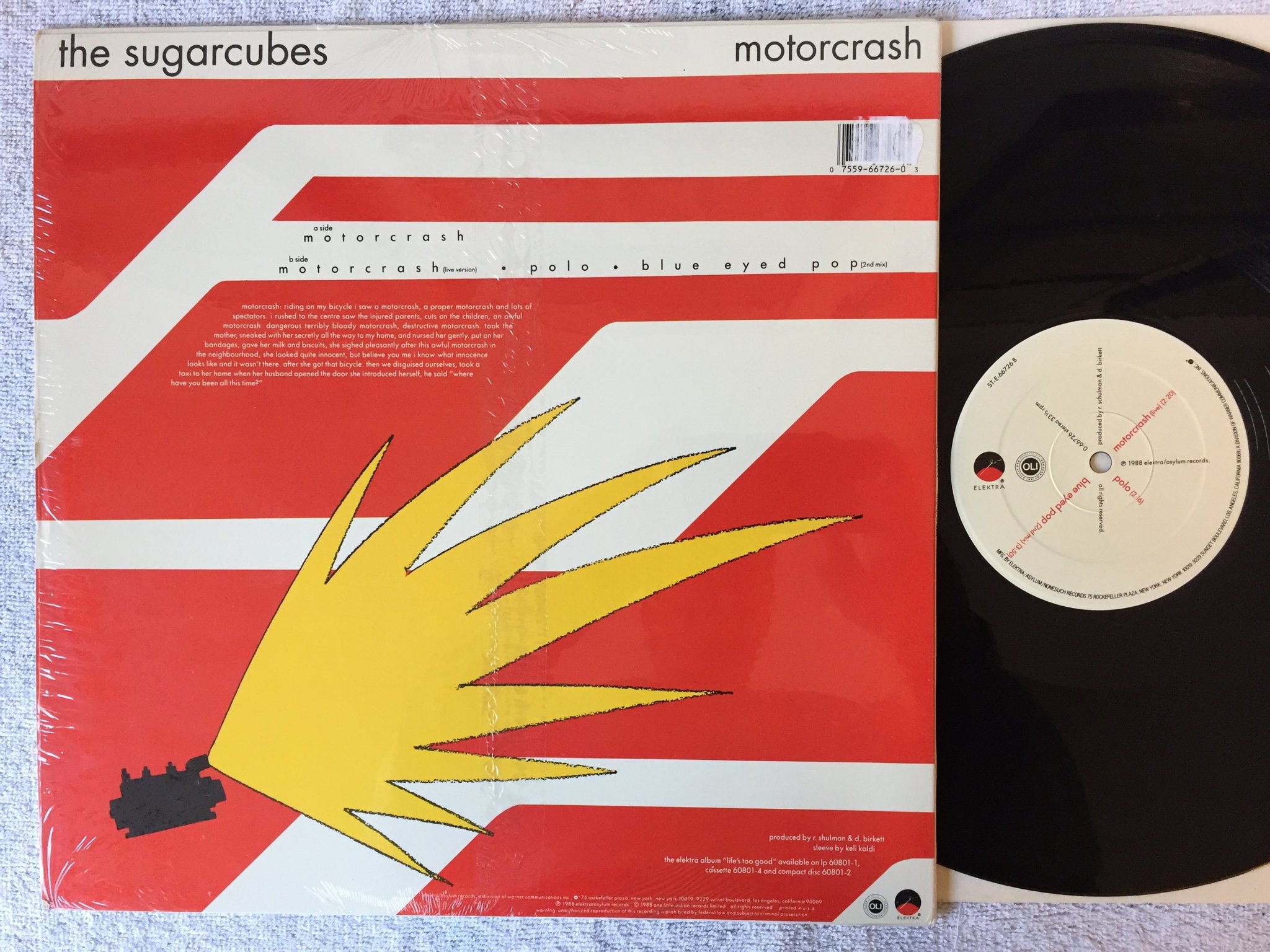 Omslagsbild för skivan THE SUGARCUBES motorcrash 12"single -88 US ELEKTRA 0-66726