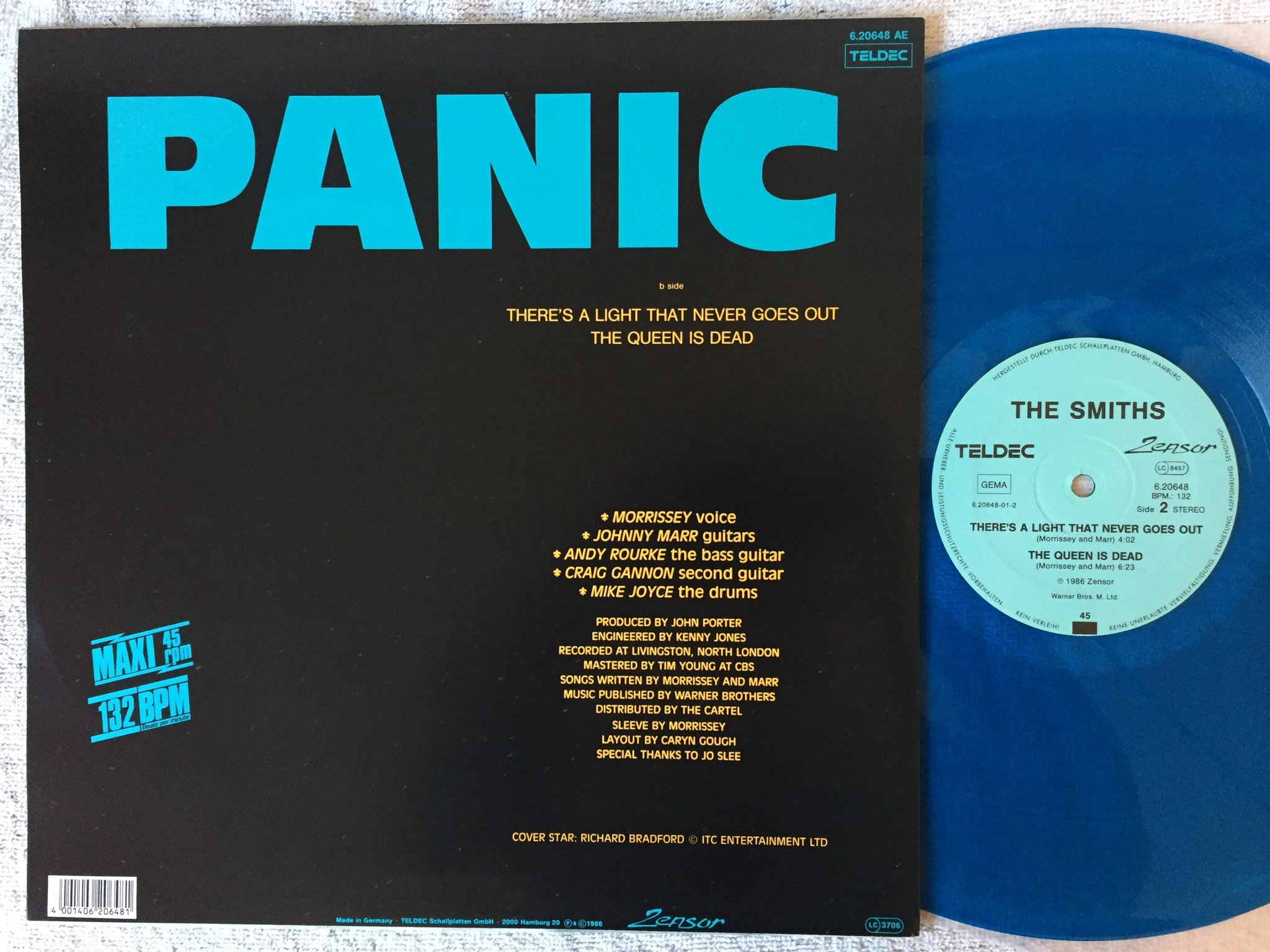 Omslagsbild för skivan THE SMITHS Panic 12"single -86 Ger TELDEC 6.20648 AE blue vinyl RARE!