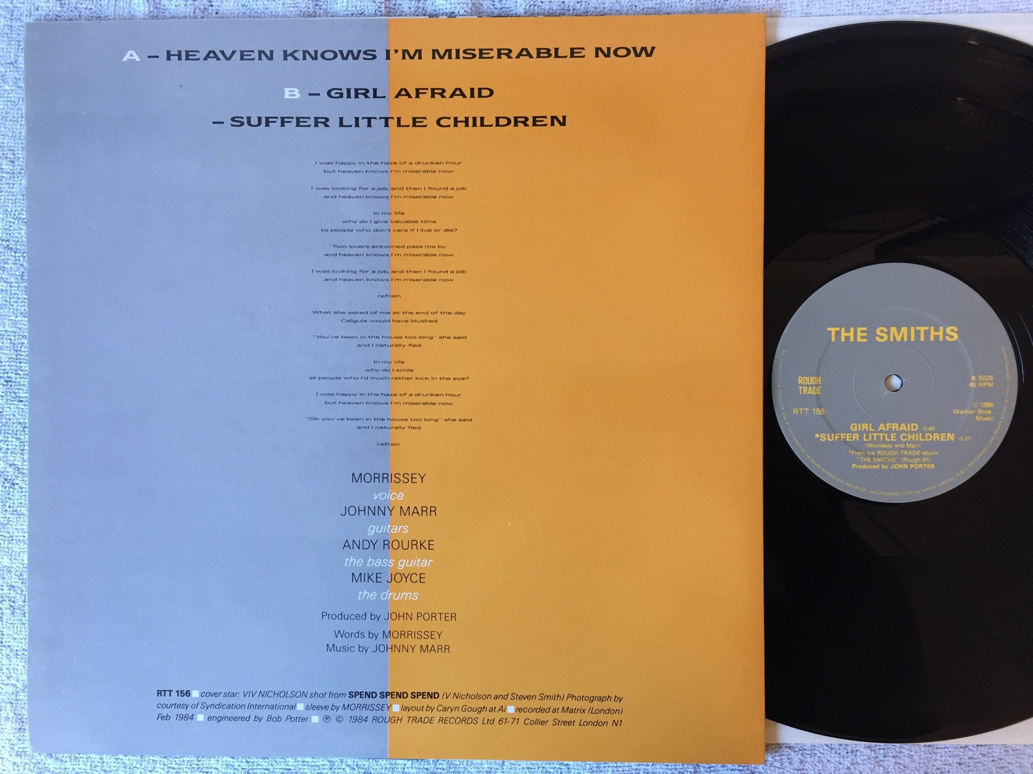 Omslagsbild för skivan THE SMITHS Heaven Knows I'm Miserable Now 12"single -84 ROUGH TRADE RTT 156