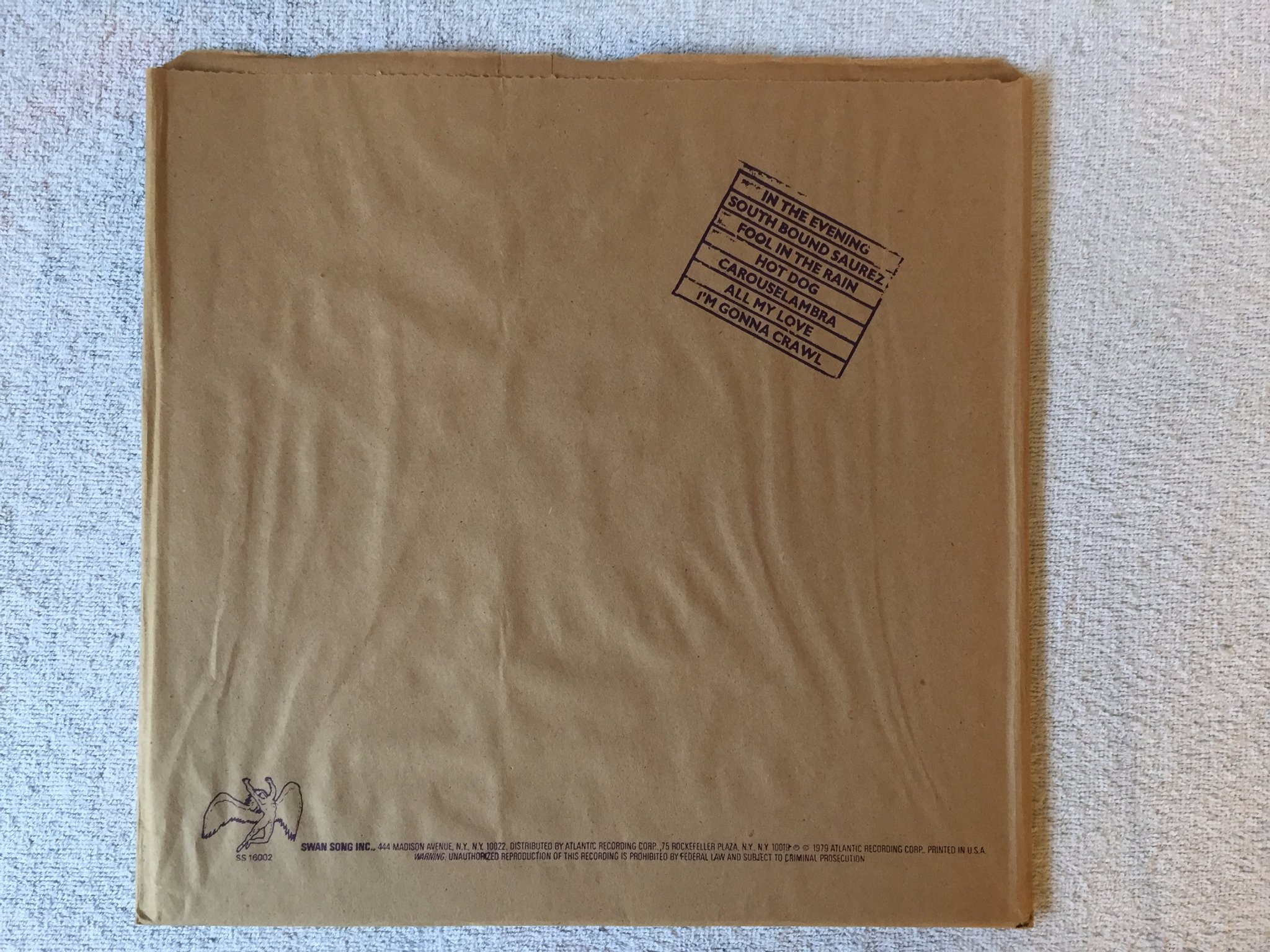 Omslagsbild för skivan LED ZEPPELIN in through the out door LP -79 US SWAN SONG SS 16002 "F" COVER