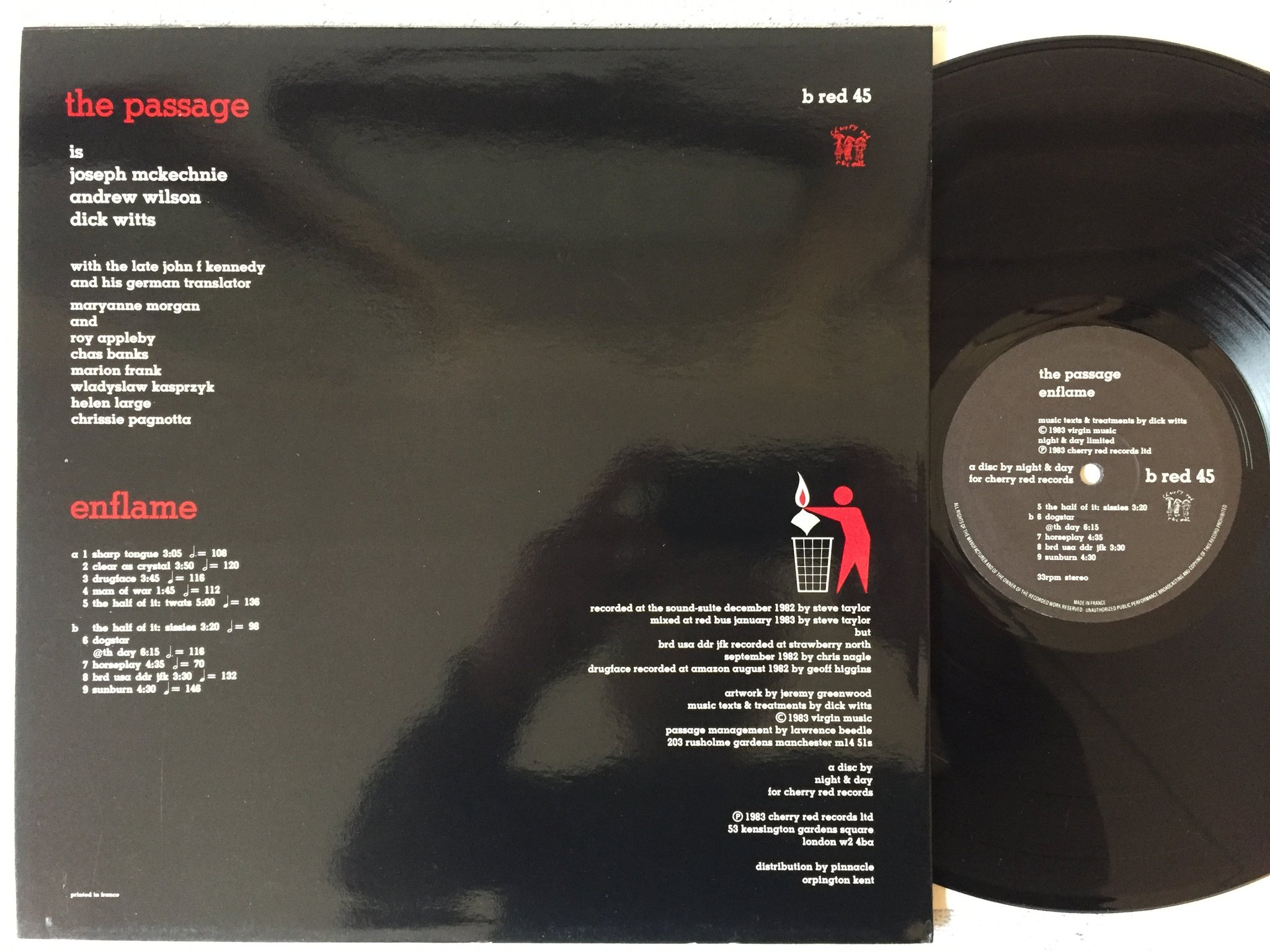Omslagsbild för skivan THE PASSAGE enflame LP -83 UK CHERRY RED B RED 45