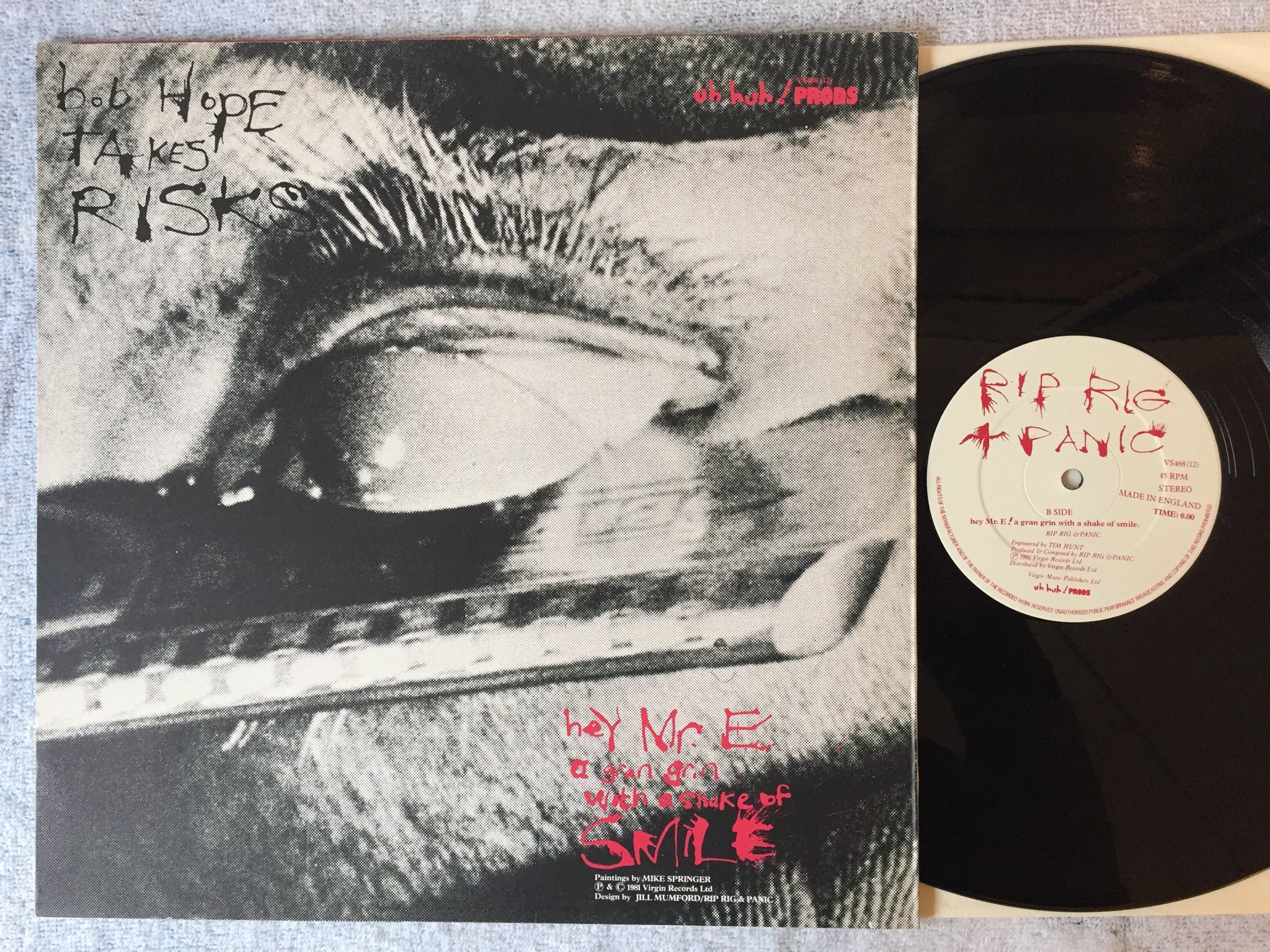 Omslagsbild för skivan RIP RIG + PANIC Bob Hope Takes Risks 12"single -81 UK VIRGIN VS 468-12 