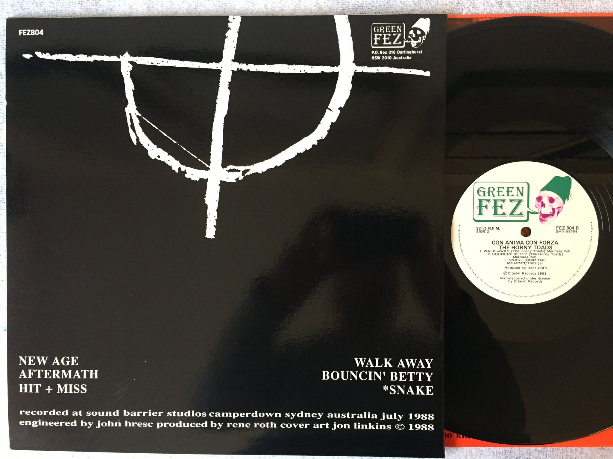 Omslagsbild för skivan THE HORNY TOADS Con Anima Con Forza LP -88 Australia GREEN FEZ fez 804 