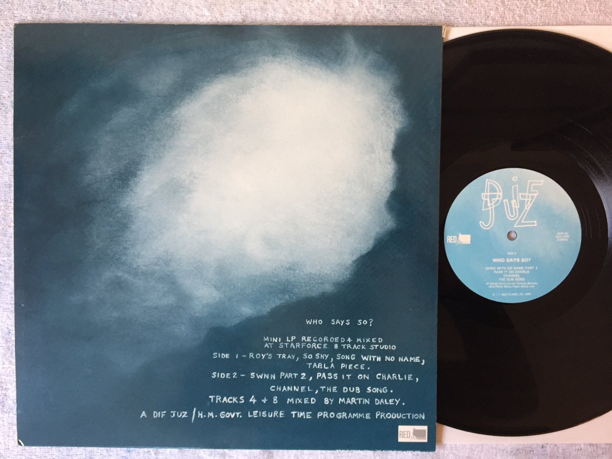 Omslagsbild för skivan DIF JUZ who says so? LP -83 UK RED FLAME RFM 24 indie rock