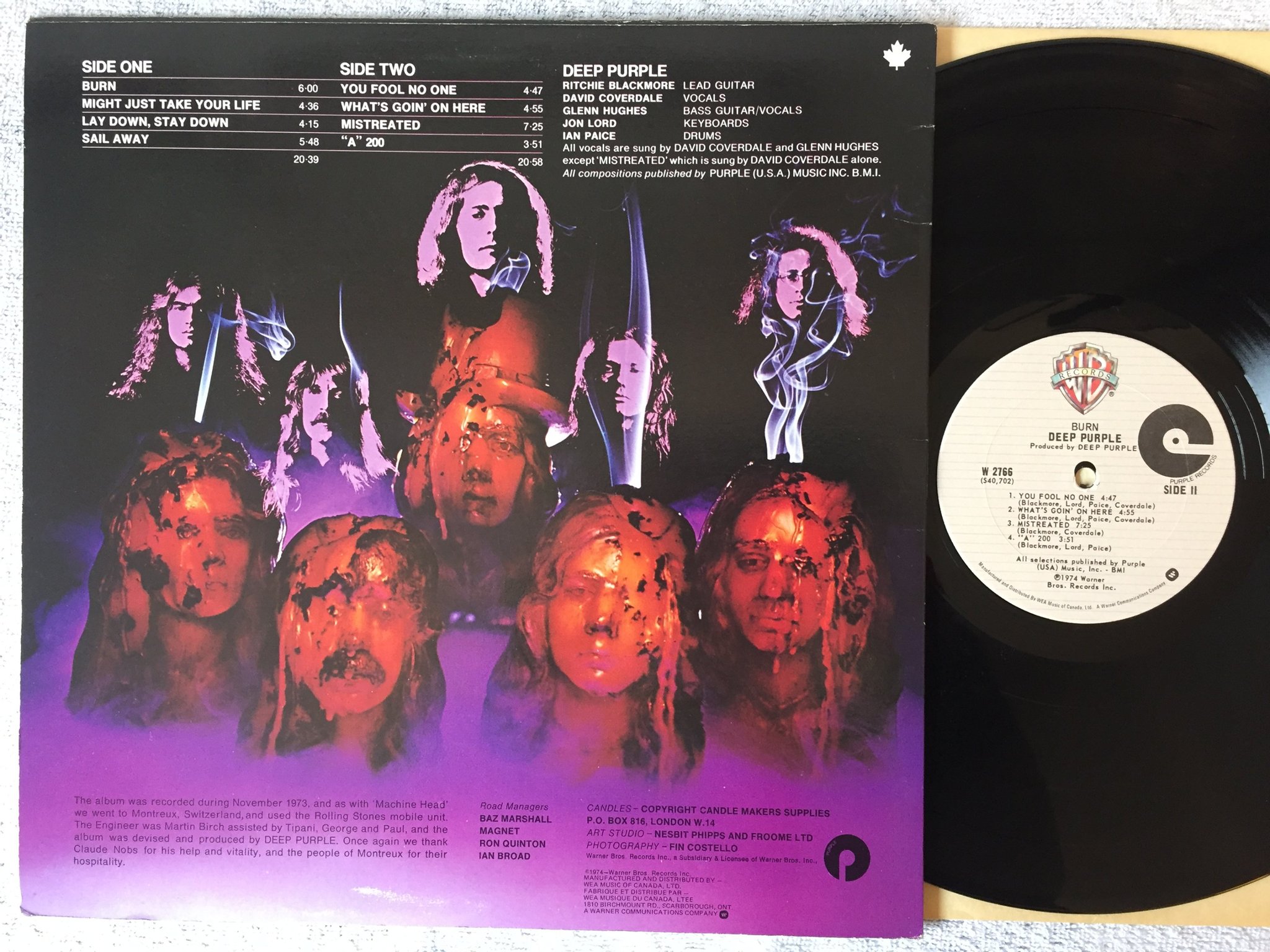 Omslagsbild för skivan DEEP PURPLE burn LP -74 Can WARNER BROS W 2766