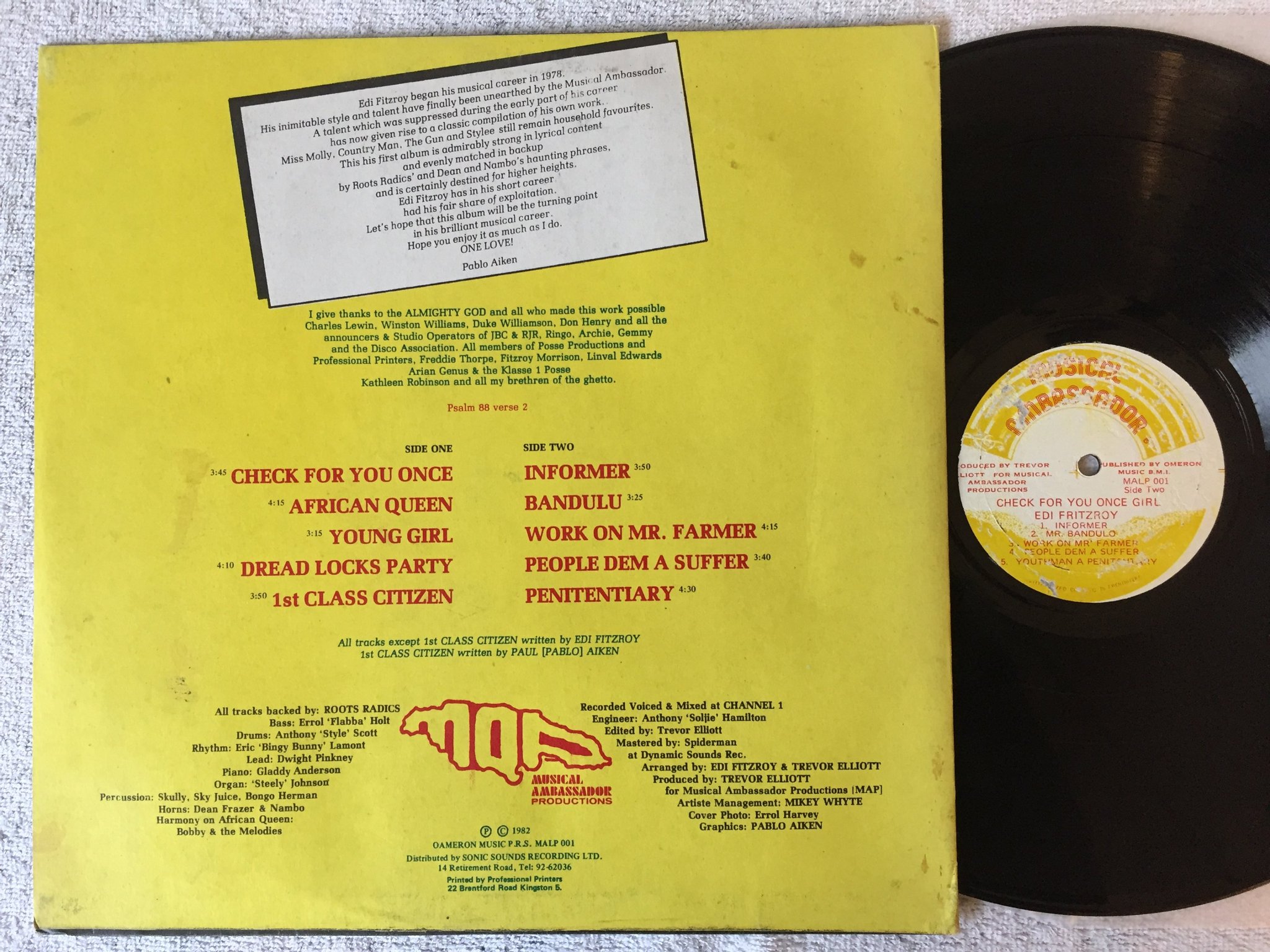 Omslagsbild för skivan EDI FRITZROY check for you once girl LP Jamaica MUSICAL AMBASSADOR MALP 001