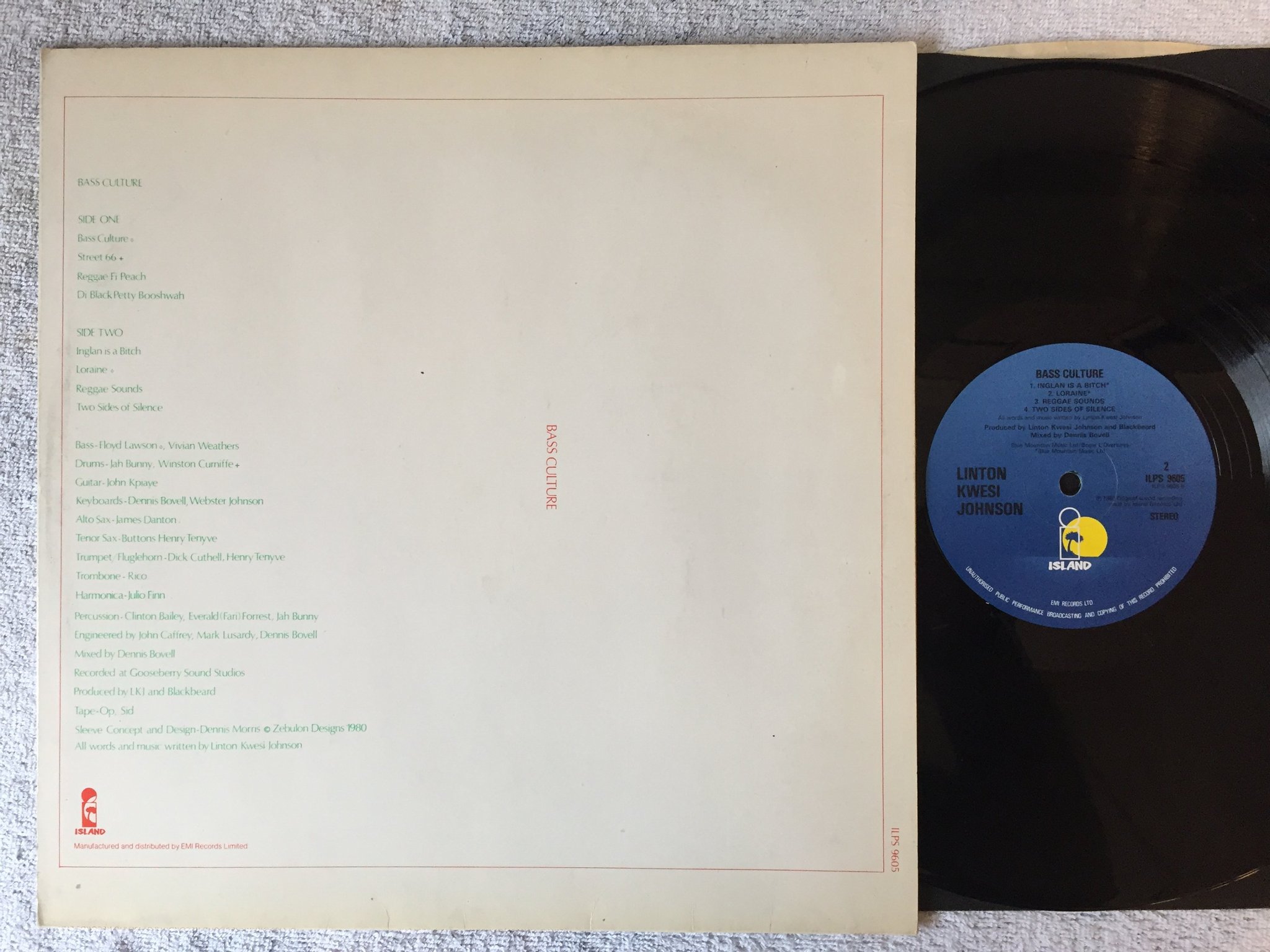 Omslagsbild för skivan LINTON KWESI JOHNSON bass culture LP -80 UK ISLAND ISLAND 9605