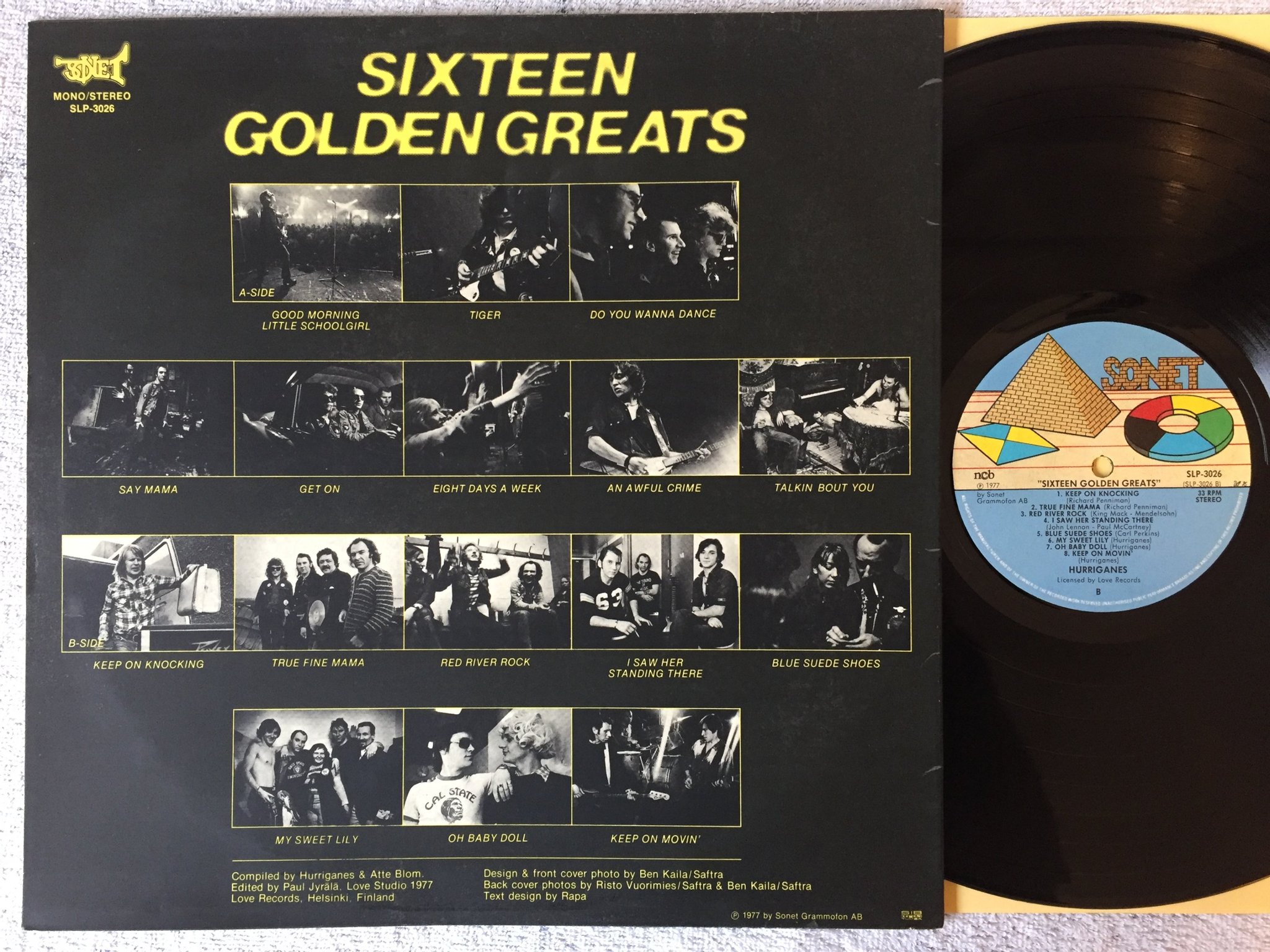 Omslagsbild för skivan HURRIGANES sixteen golden greats LP -77 Swe SONET SLP-3026