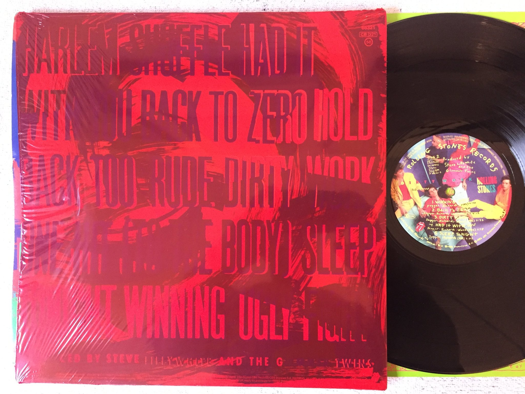 Omslagsbild för skivan THE ROLLING STONES Dirty Work LP -86 Hol CBS 86321 shrink + hyper sticker