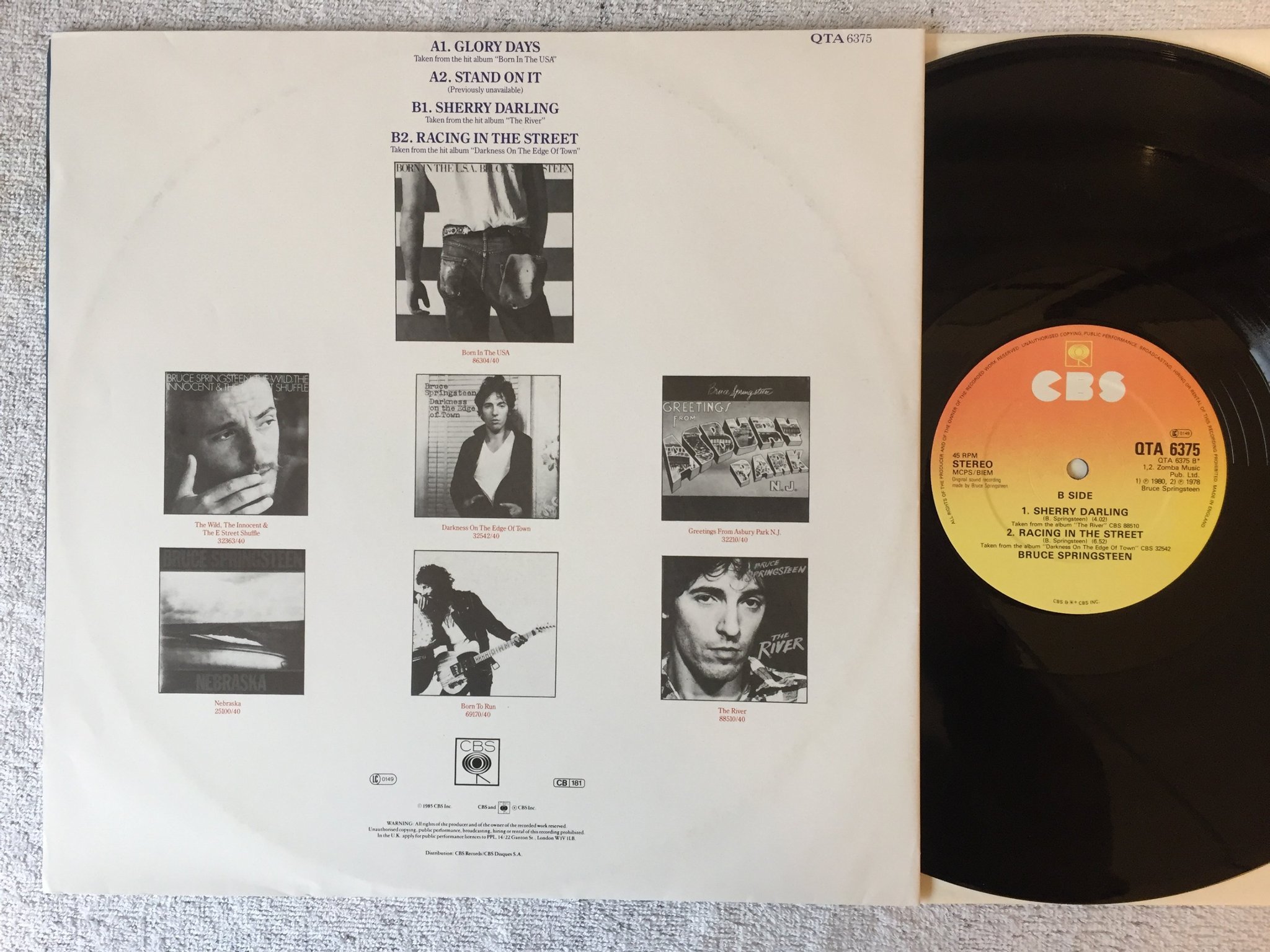 Omslagsbild för skivan BRUCE SPRINGSTEEN glory days 12"EP -85 UK CBS QTA 6375 poster-cover