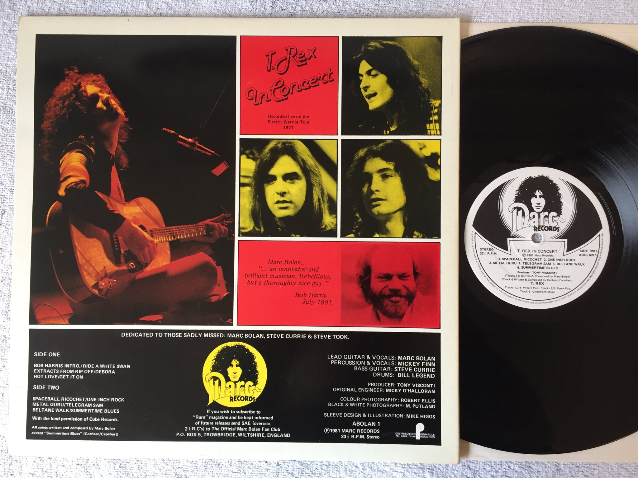 Omslagsbild för skivan T REX in concert LP -81 UK MARC RECORDS ABOLAN 1